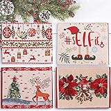 MELAJIA Christmas Placemats Set of 4 for Dining Table Poinsettia Forest Reindeer Vintage Snowflakes