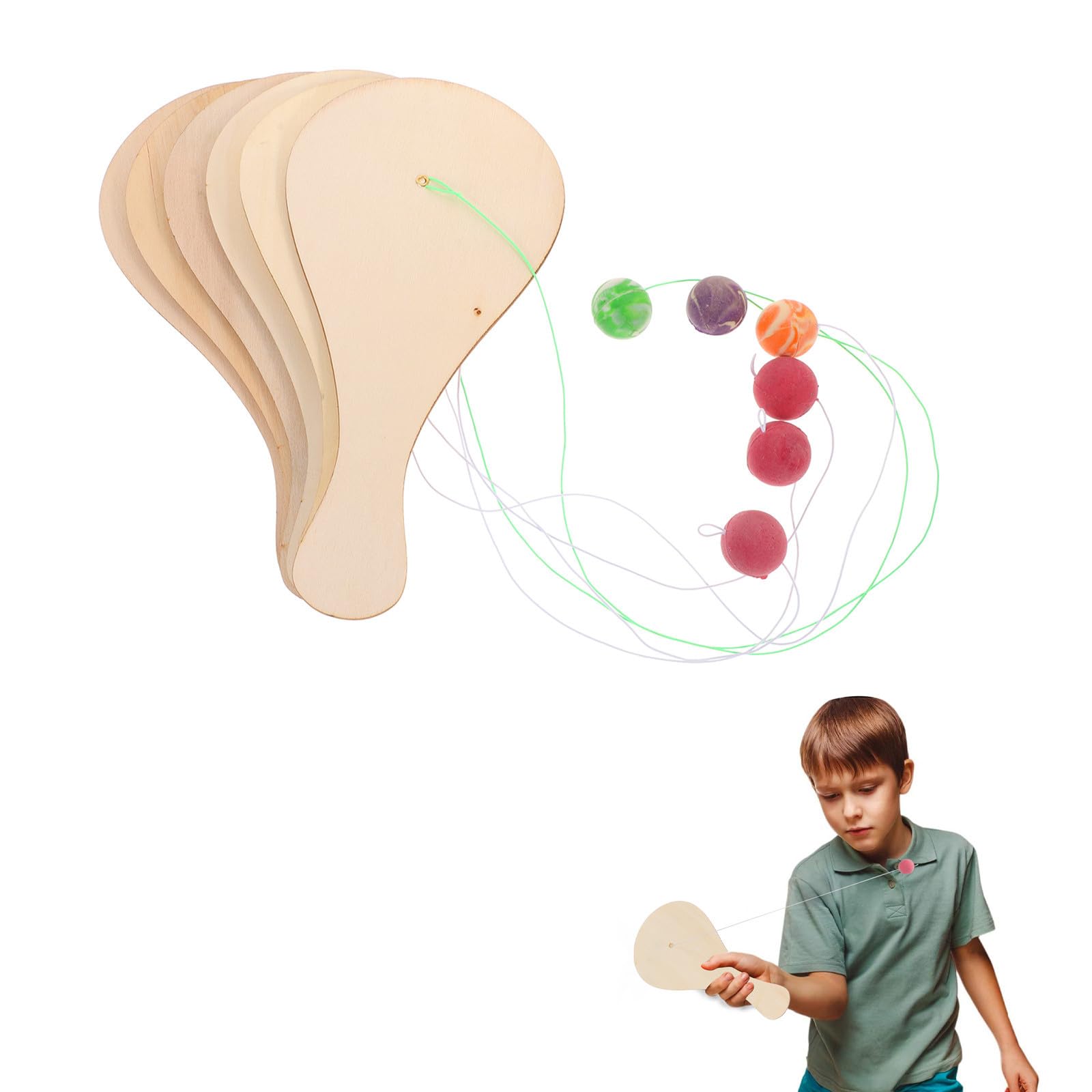 Abaodam Set 6 Racchette da Paddle in Legno Naturale per Giocattoli Creativi Fai da Te Palla Kit Pittura per Attività Artistiche e Sviluppo Coordinazione Mano-Occhio