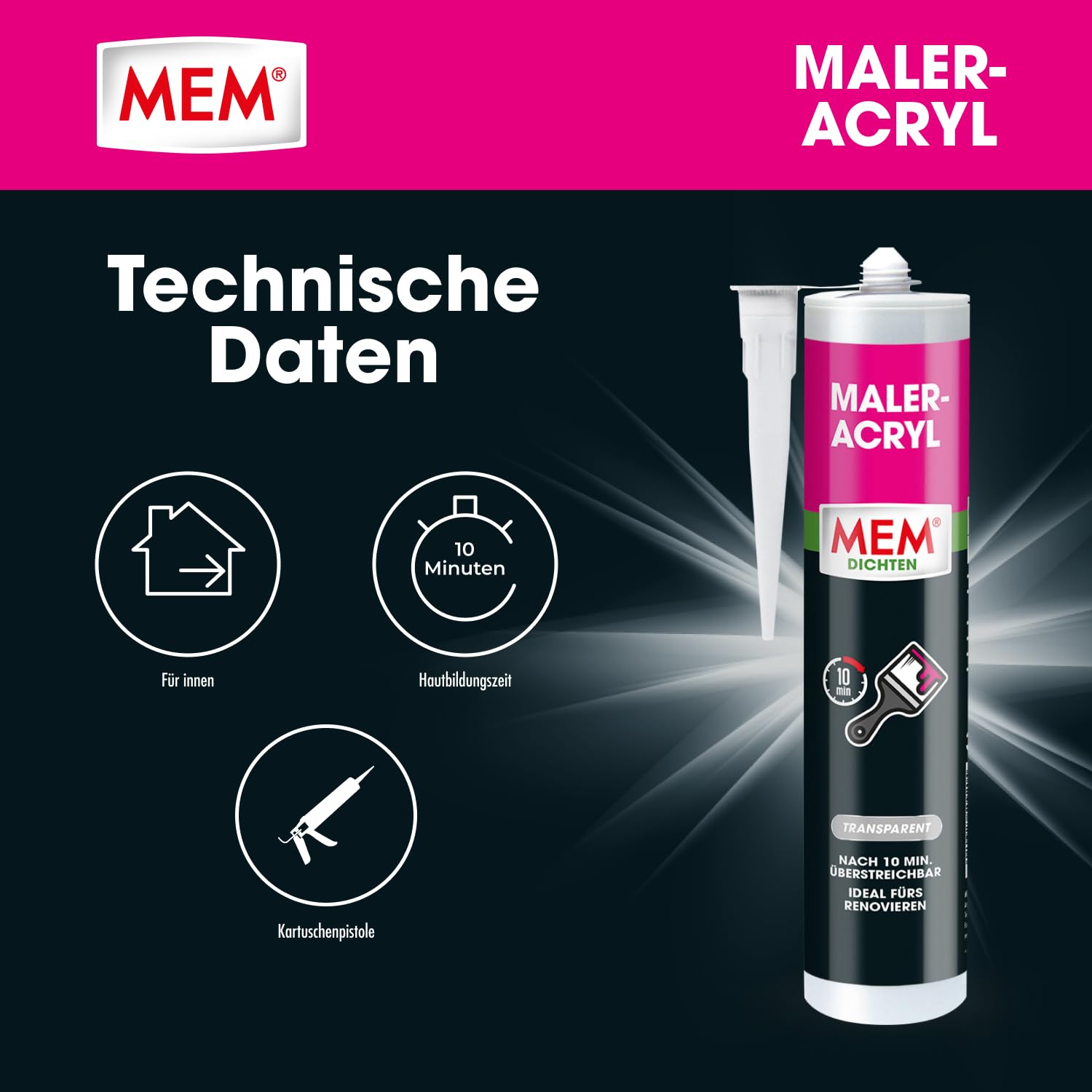 MEM Maler-Acryl, Für Renovierungsarbeiten und zum Abdichten, Innen und außen anwendbar, Überstreichbar, Überputzbar, Gebrauchsfertig, Lösemittelfrei, 300 ml Kartusche, Transparent