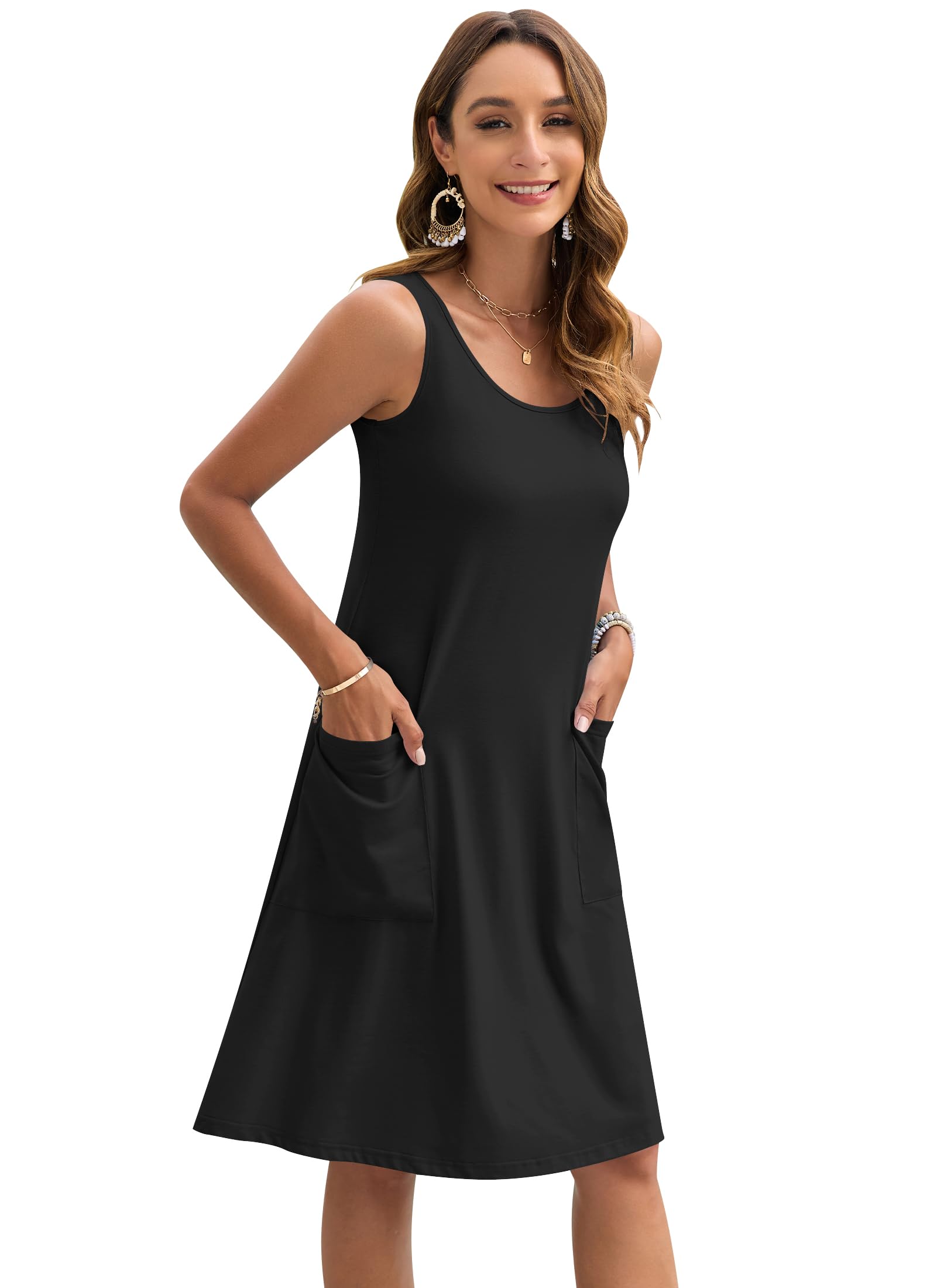 AUSELILY Vestito Estivo da Donna Senza Maniche, Midi Casual da Spiaggia Leggero con Tasche