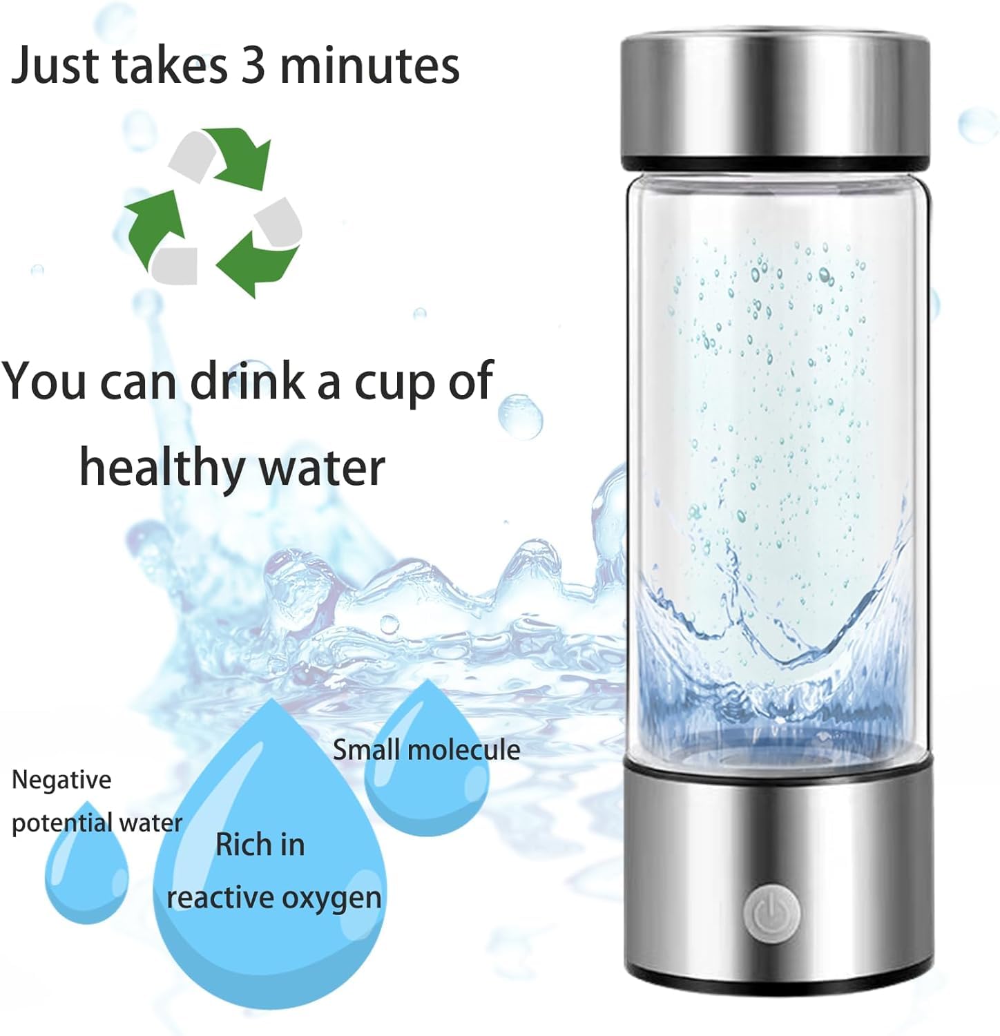 Hydrogen Water Bottle, Portable Hydrogen Water Bottle Generator, 420ml Rechargeable Hydro Maker for Home, Office, Travel, Fitness & Everyday Hydration