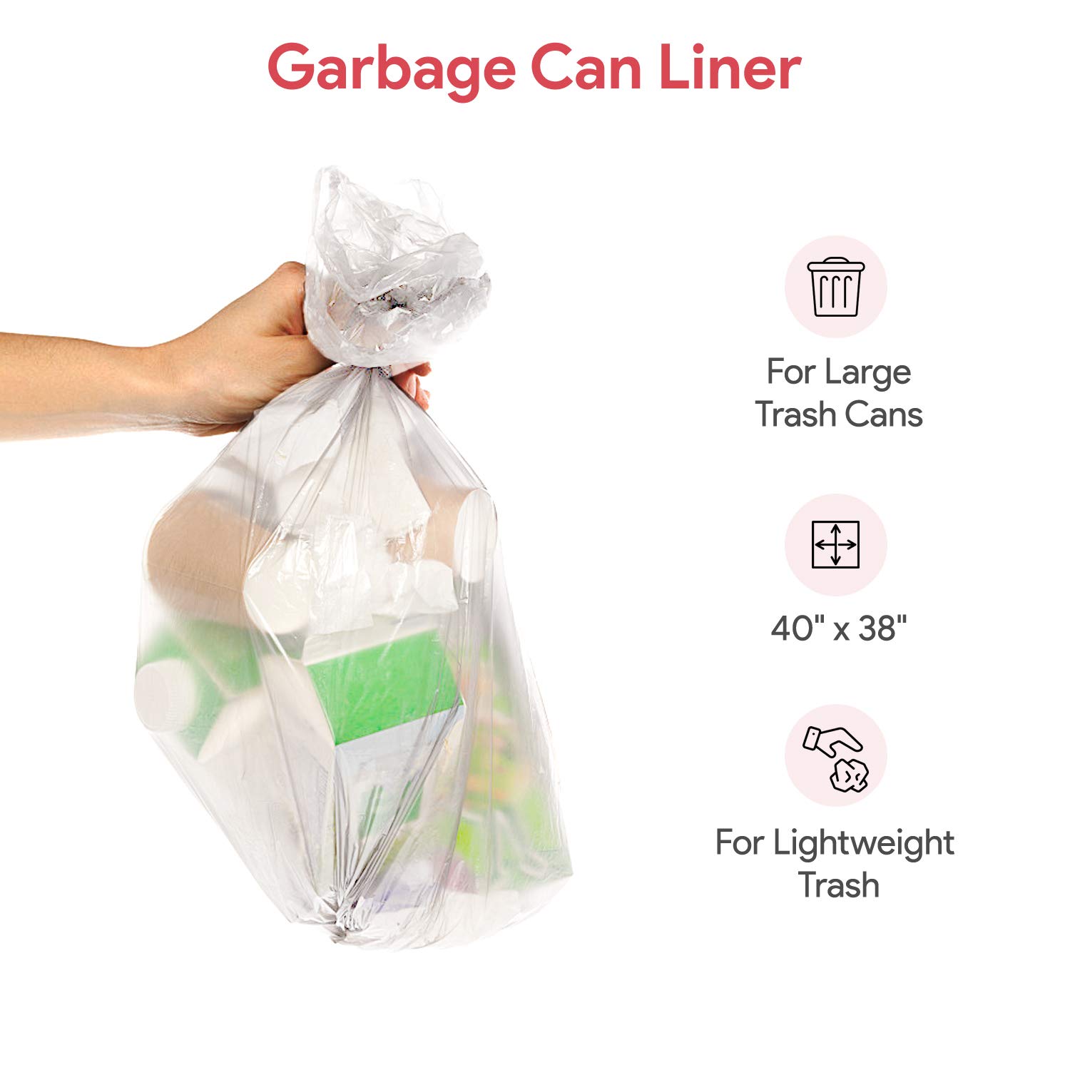 40-46 Gallon Clear Garbage Can Liners, 50 Count - Large Trash Can Liners - High Density, Thin, Lightweight, 16 Microns - For Office, Home, Hospital Wastebaskets - 2 Coreless Rolls
