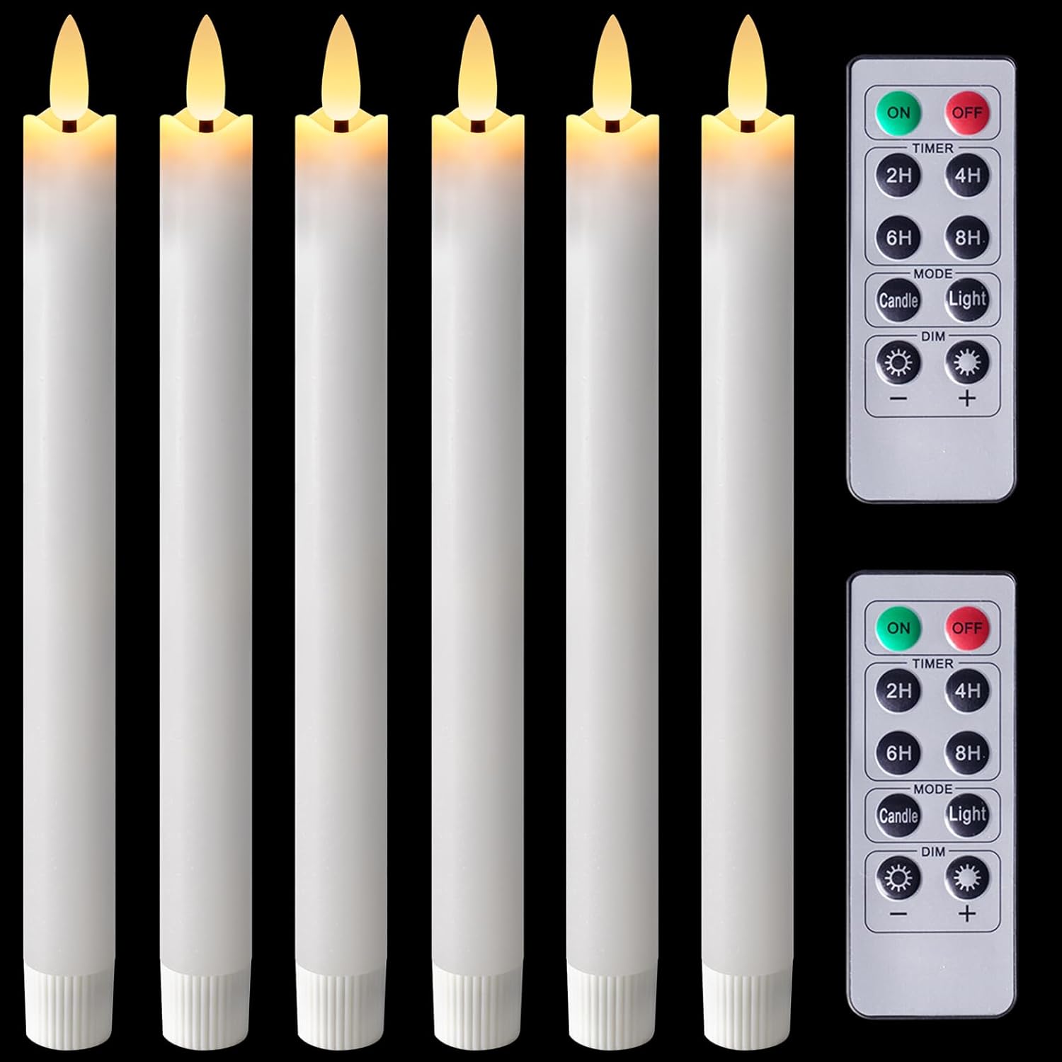Homemory Waxy Flameless Taper Candles with Remote Timer Dimmer, Battery Operated Candlesticks Flickering, LED Window Candles Realistic, 9.6 Inches for Christmas Wedding Indoor Decor, White, 6 Pcs