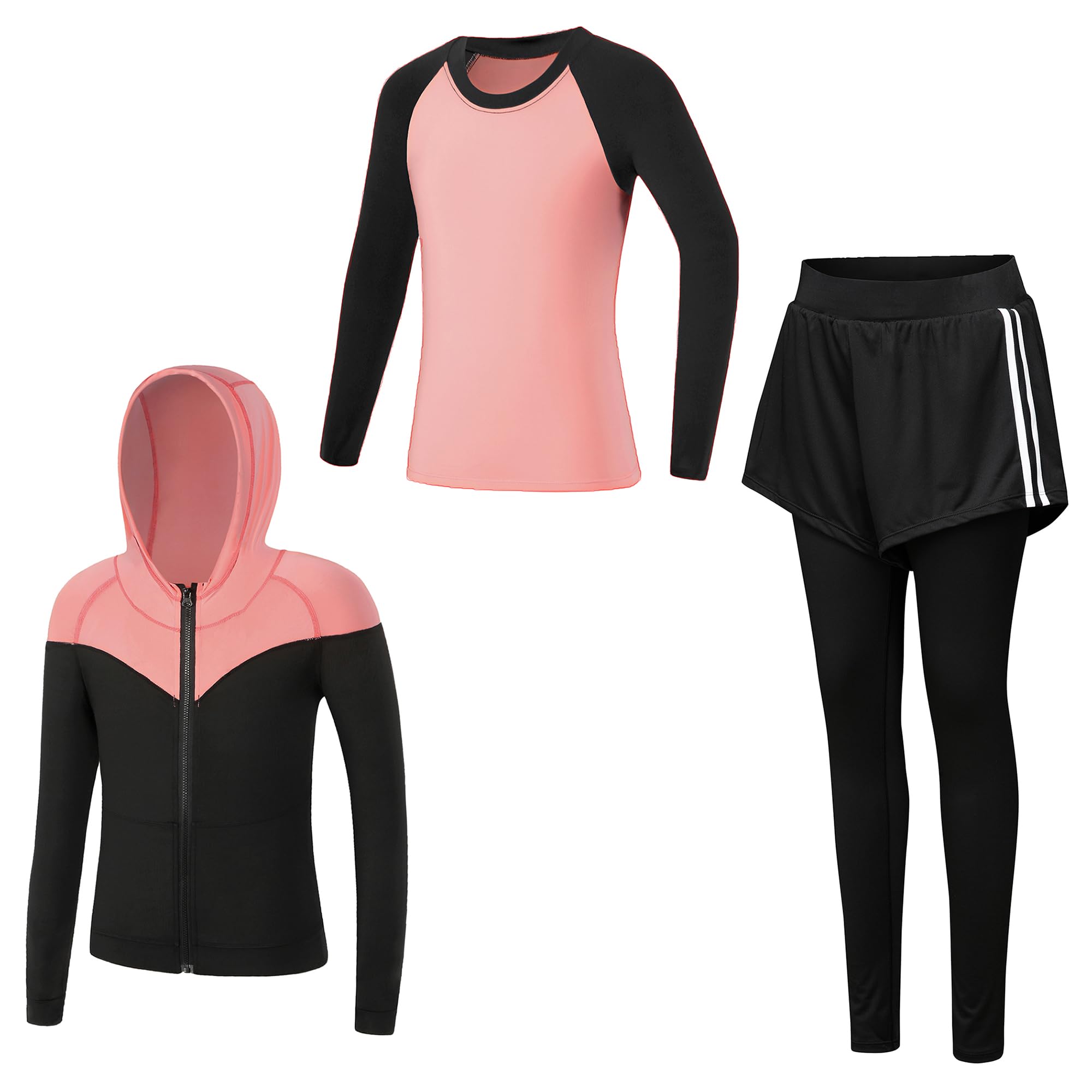 YFPICO Trainingspak voor meisjes, met capuchon, sportset, 2/3-delig, jas, sportbroek, sweatshirt, ritssluiting, lente, herfst, pak, joggen, joggers, Roos rood (twee elementen), 7-8 Jaren