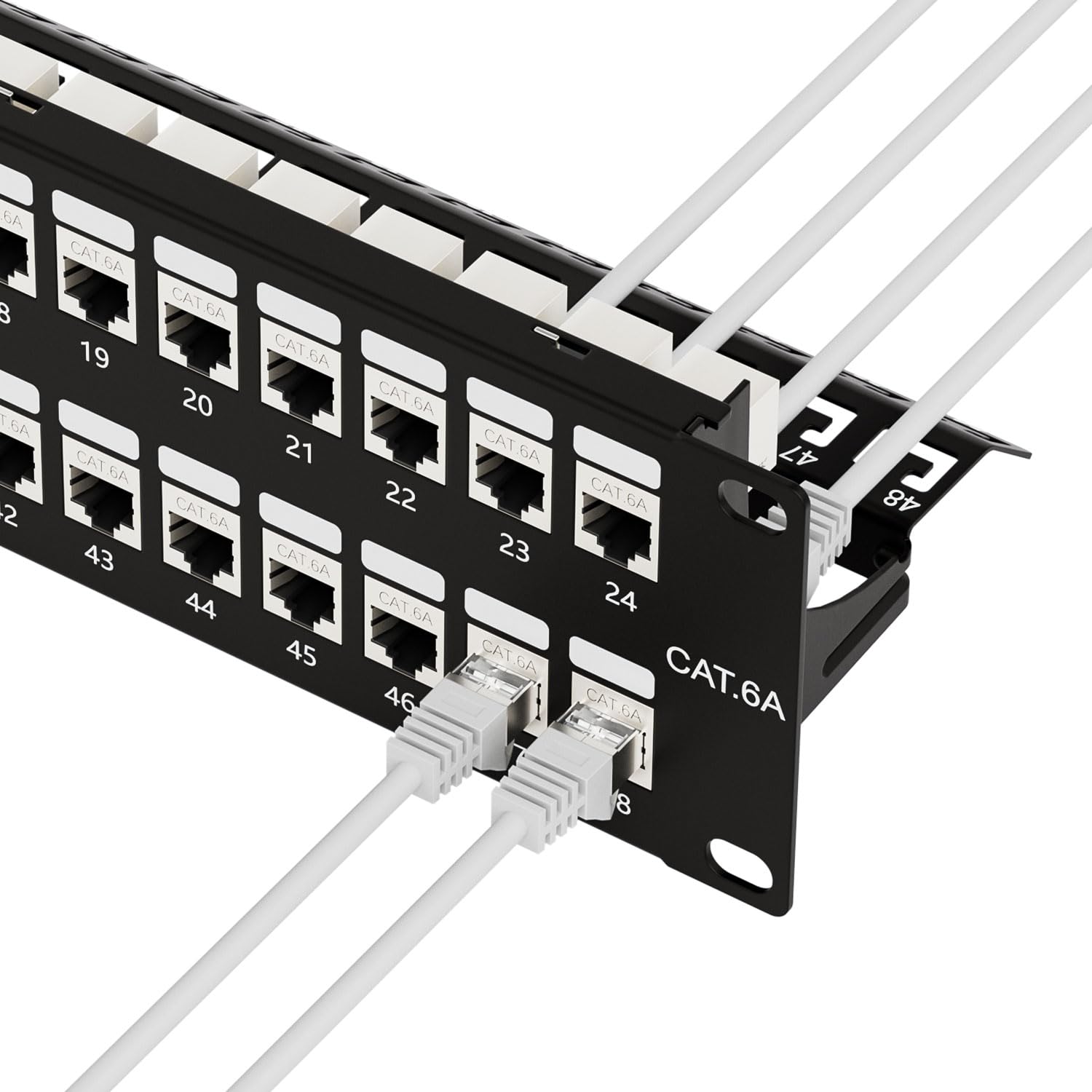 iwillink Panel de conexión de 10 Gbps de 48 puertos, RJ45 blindado a través de Cat6A, paneles de conexión STP de 19 pulgadas 2U con Keystone en línea y barra trasera extraíble