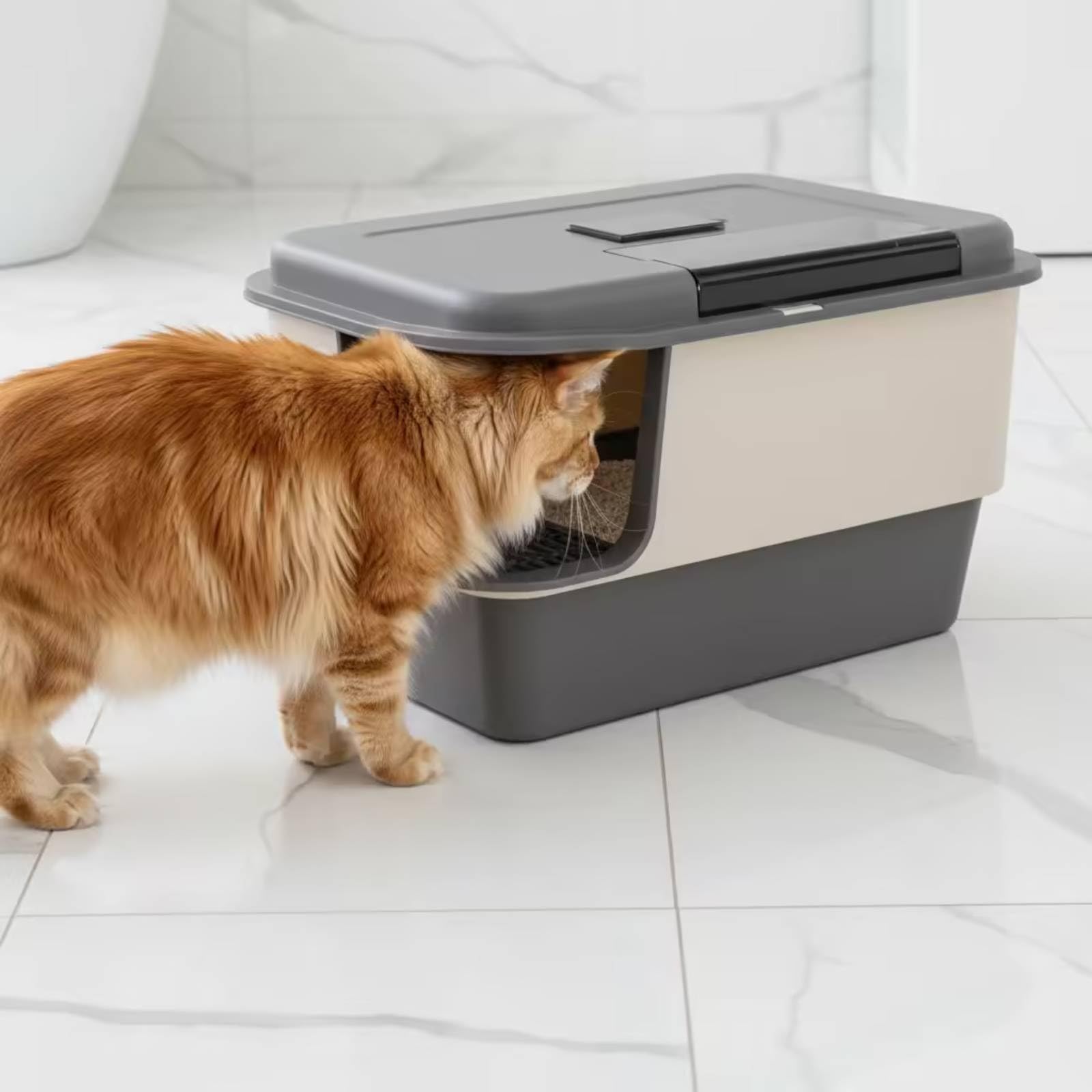 KESOTO Arenero para Gatos Cerrado Higiénico Caja Bandeja Inodoro con Entrada Baja 15 Cm Rejilla y Pala Material Polipropileno, Azul Bondi, Arenero para Gatos con Pasillo Y Tapa Abatible