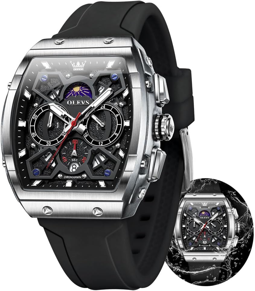 OLEVS Watches Men Chronograph Waterproof Rectangle Face Moon Phase Watches for Men Luminous Quartz Calendar Mens Wrist Watch - Silicon Strap