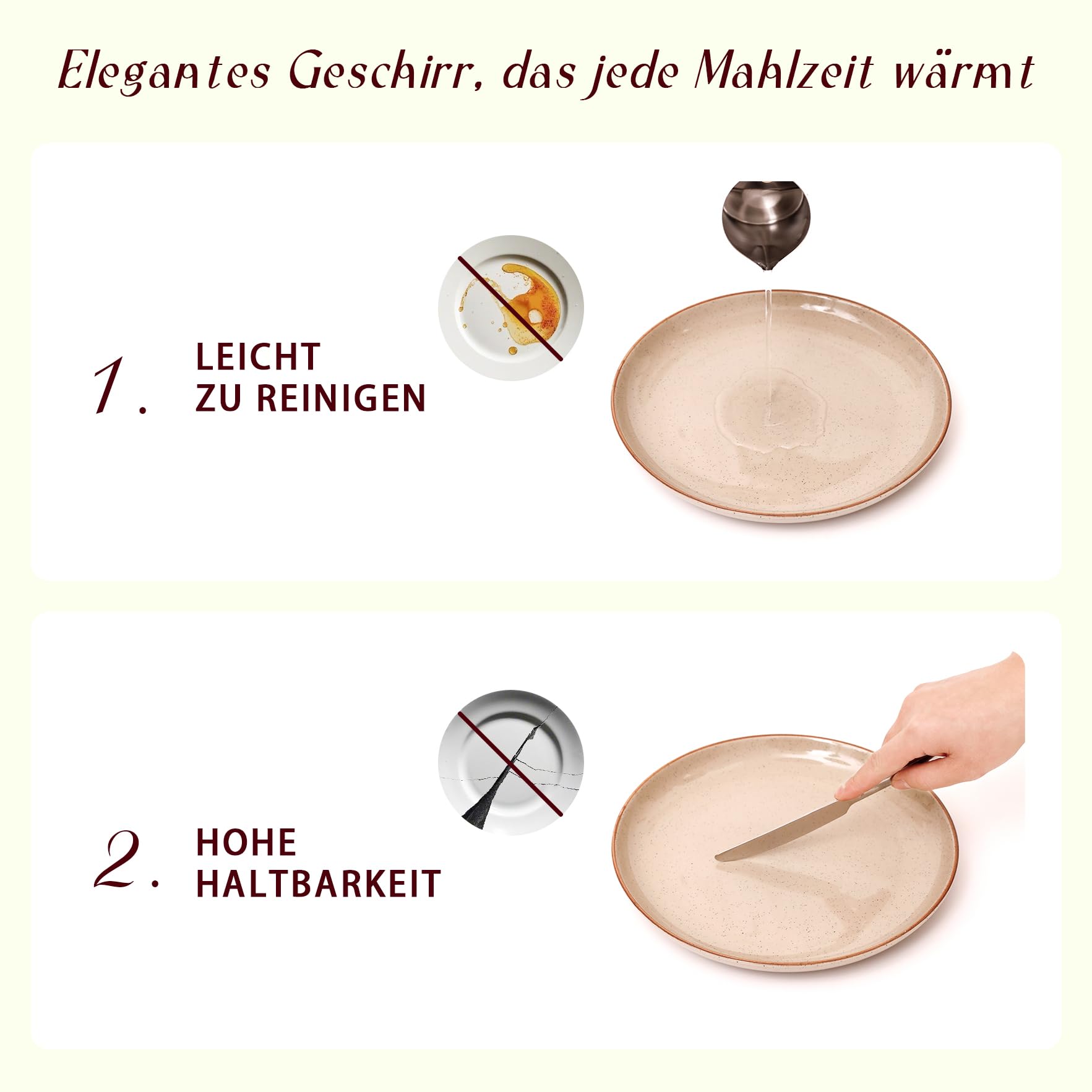 HomeVSS 20-teiliges Geschirrset – für 4 Personen, glänzend glasierte beige Teller und Schüsseln mit Sprenkeleffekt, mikrowellen- und spülmaschinenfest