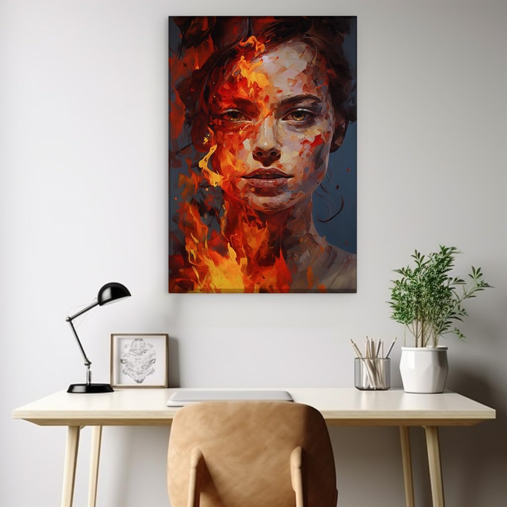 Canvas for Living room. Mystic Flames: The Enigmatic Beauty of a Dual-Eyed Woman Adrift in Fiery Elegance, 27 x 18 inch Canvas Wall Art - Contemporary Masterpieces - Modern Home Decor