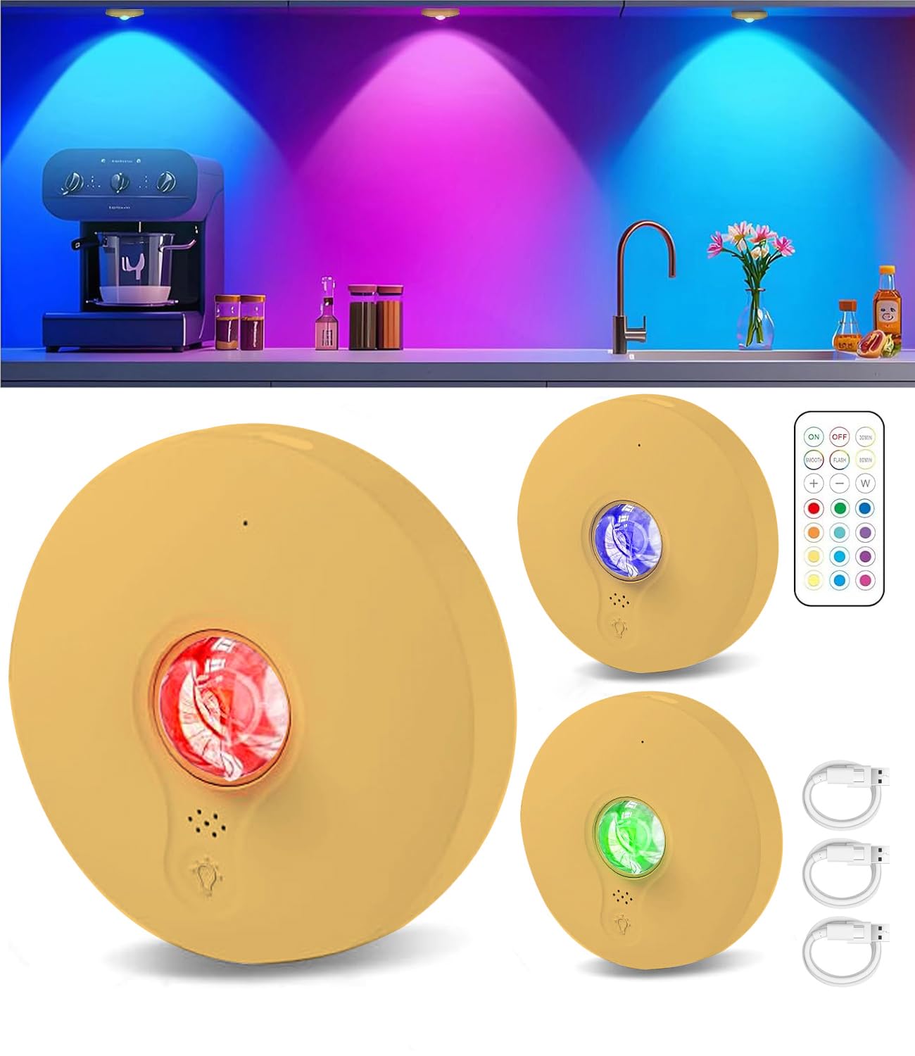 Yohiioyo LED Under Cabinet Lights Rechargeable,Wireless RGB Puck Light with Remote,1500mAh,13 Colors & 2 Dynamic,Push Lightings with Timer,Dimmer Stick on Lights for Kitchen,Cabinet,Shelf 3 Pack Gold
