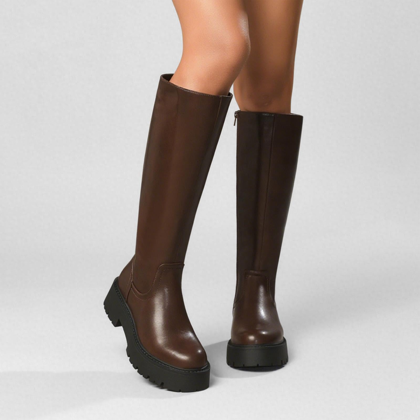 Putu Damen Stiefel Plateau mit Blockabsatz und Profilsohle 36-41 | Knielange Damen Stiefel mit Plateau, Kunstleder-Obermaterial, seitlichem Reißverschluss und grober Profilsohle für Alltag
