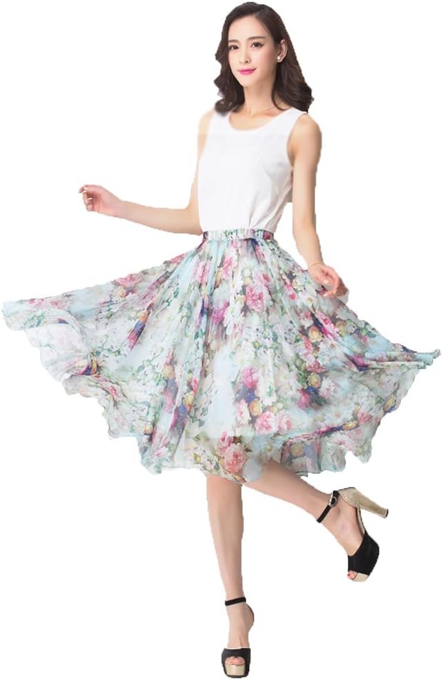 MINGXIN Women's Floral Elastic Waist Printed Chiffon Pleated Skater Knee-Length Skirt Multi3