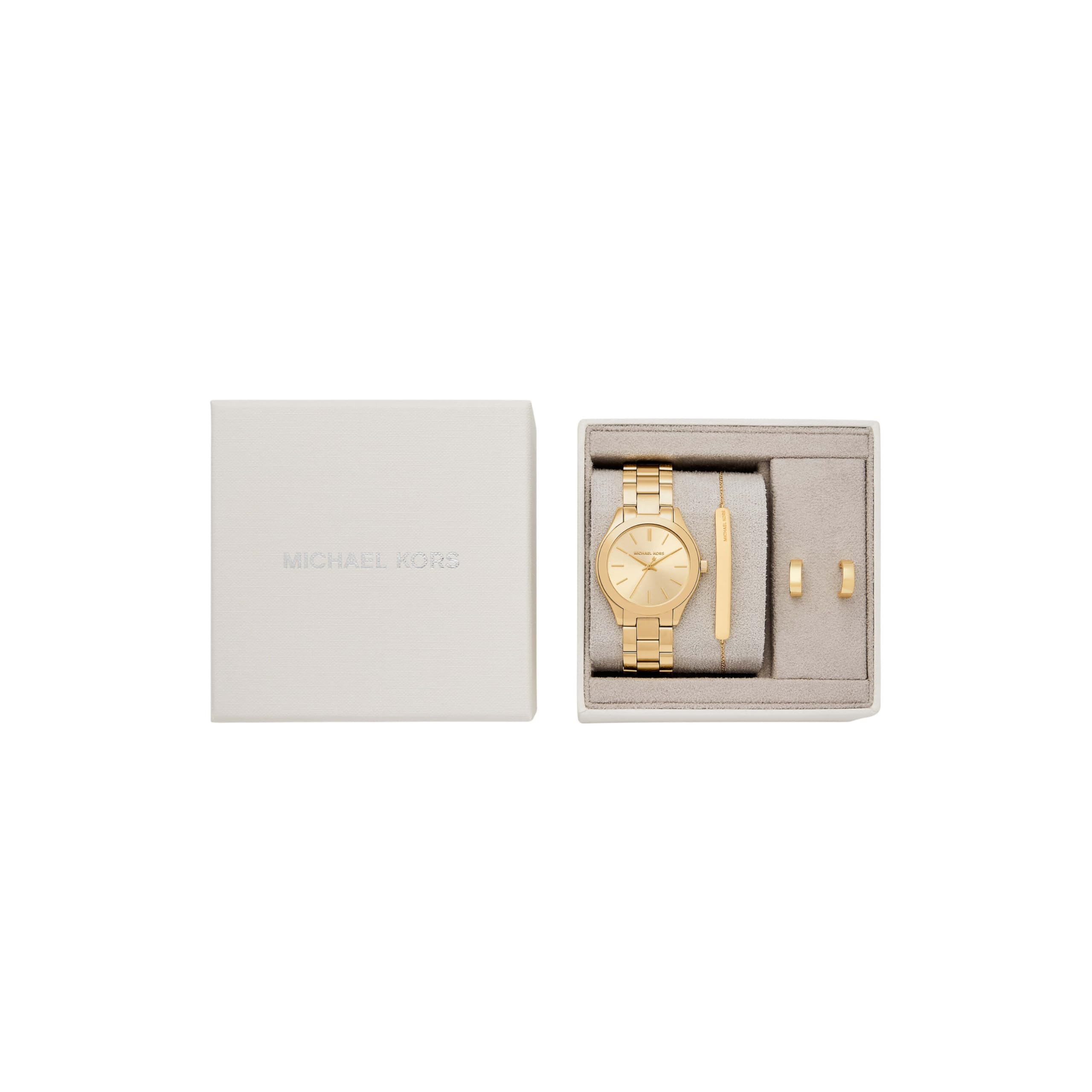 Michael Kors Women's Slim Runway Three-Hand Gold-Tone Stainless Steel Bracelet Watch Gift Set (Model: MK7561SET)