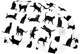 Adjustable Working Cap with Button, Cotton Working Hat Sweatband, Elastic Bandage Tie Back Hats for Women & Men, Cat Different Poses Standing Jumping and Sitting Silhouettes,2 Pcs