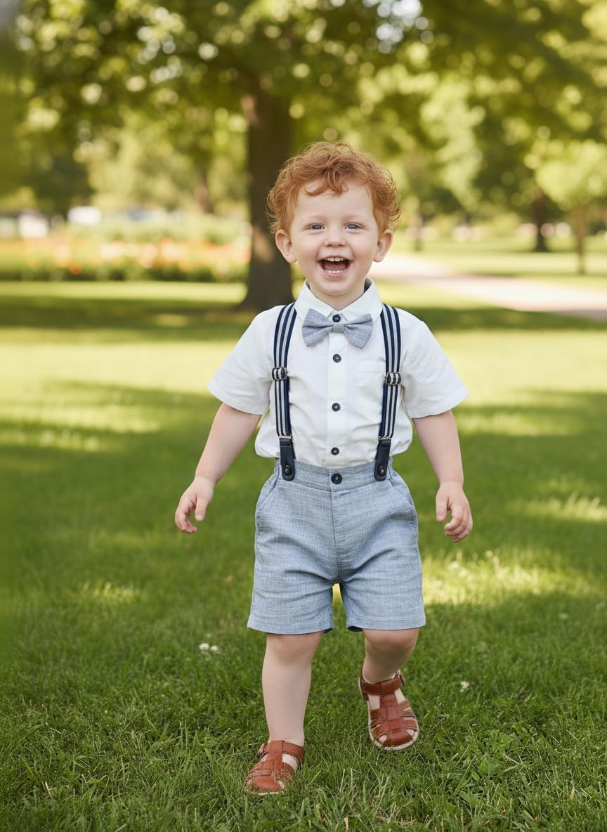 Volunboy Ensemble court formel pour bébé garçon - Tenue d'été gentleman - Manches courtes - Nœud papillon - Chemise à bretelles - Short - Blanc et bleu - 3 ans, Blanc et bleu., 3 Jahre/4 Jahre