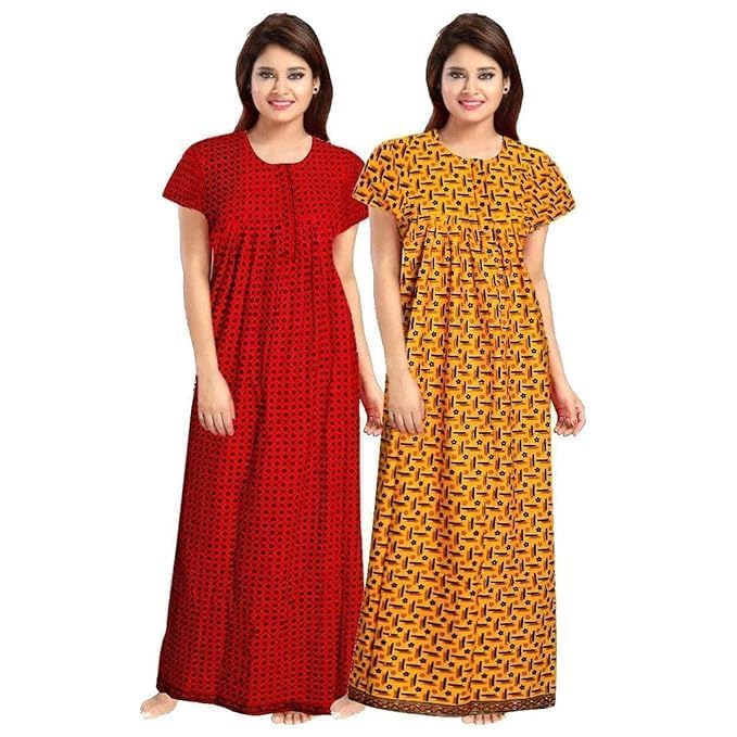 Image of NILOUFO Women's Cotton Printed Maxi Nighty - Pack of 2 | Soft Ankle-Length Sleepwear Gowns for Women | Free Size Night Dresses (Red&Yellow, Free Size)
