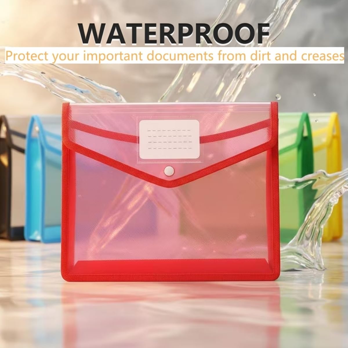 10 Pack Plastic Expanding File Folder, Waterproof Transparent Envelopes Folders with Label Pocket & Snap Closure, No Dividers, Large Capacity, 5 Assorted Colors, Fit Letter - A4 & B4 Size