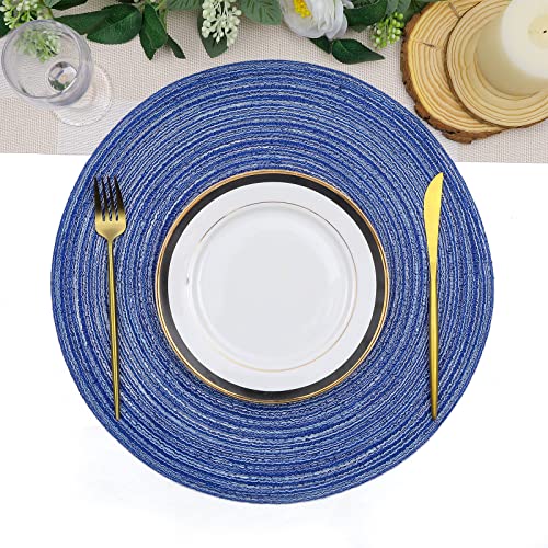 Image of SHACOS Round Braided Placemats Set of 8 Round Table Mats for Dining Tables Washable Fabric Kitchen Table Place Mats (Blue White, 8)