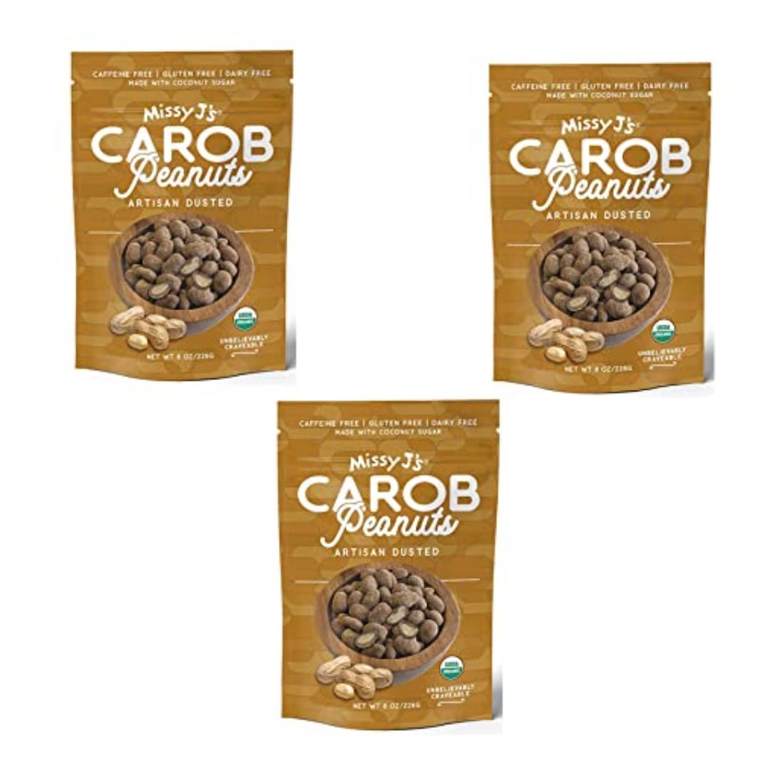 Missy J's Organic Carob Covered Peanuts 8oz 3 pack Carob Made w/Coconut Sugar, Vegan Gluten and Caffeine Free, Healthy Substitute for Chocolate