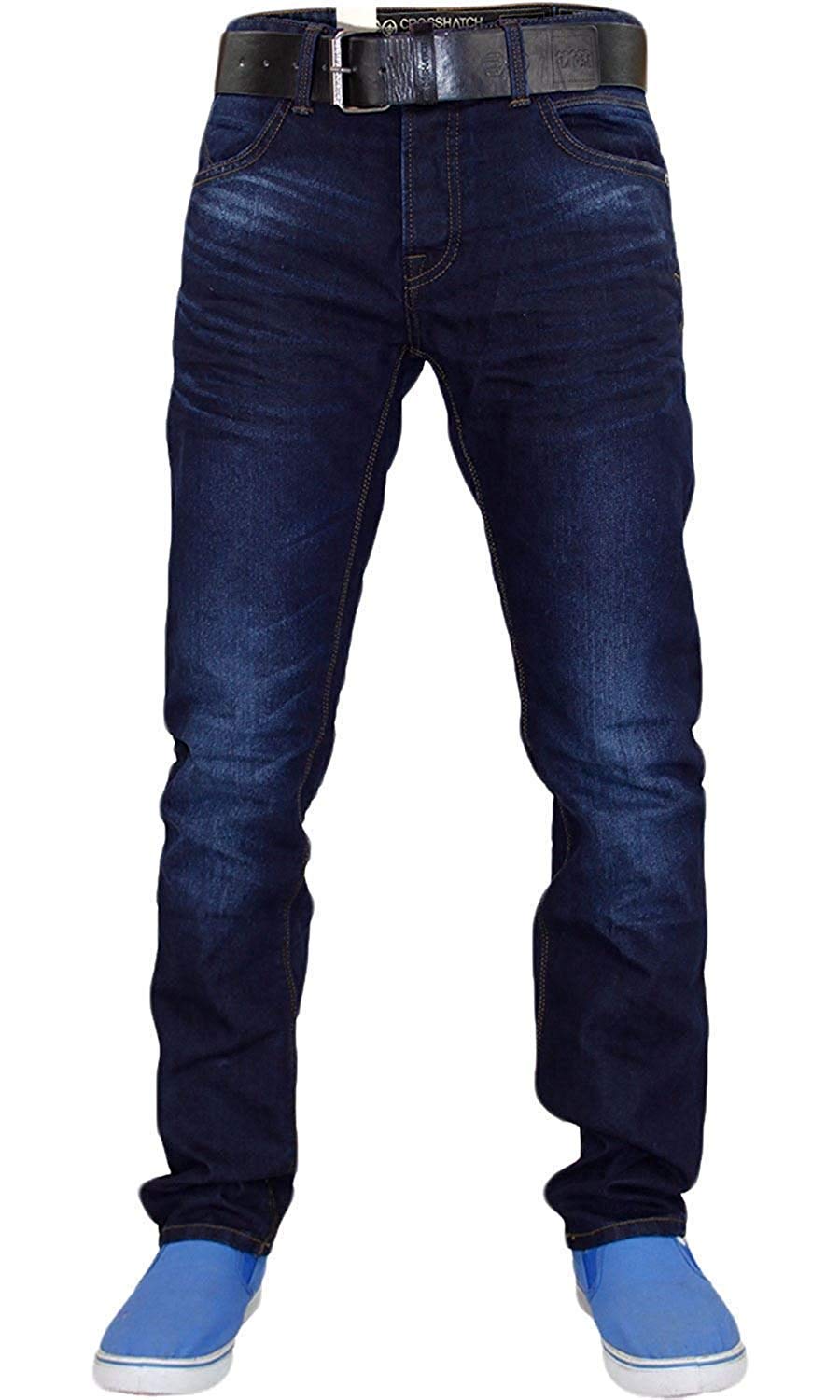 Crosshatch New Mens Designer Coated Denim Slim Fit Jeans Trousers with Free Belt