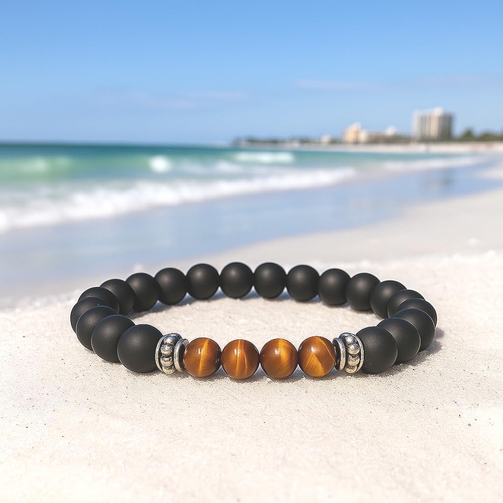 Kartini Studio Natural Stone Bracelet for Men, Gift Idea for Man, Bead Bracelet for Men, Matte Black Onyx and Tiger's Eye Jewelry - Image 6