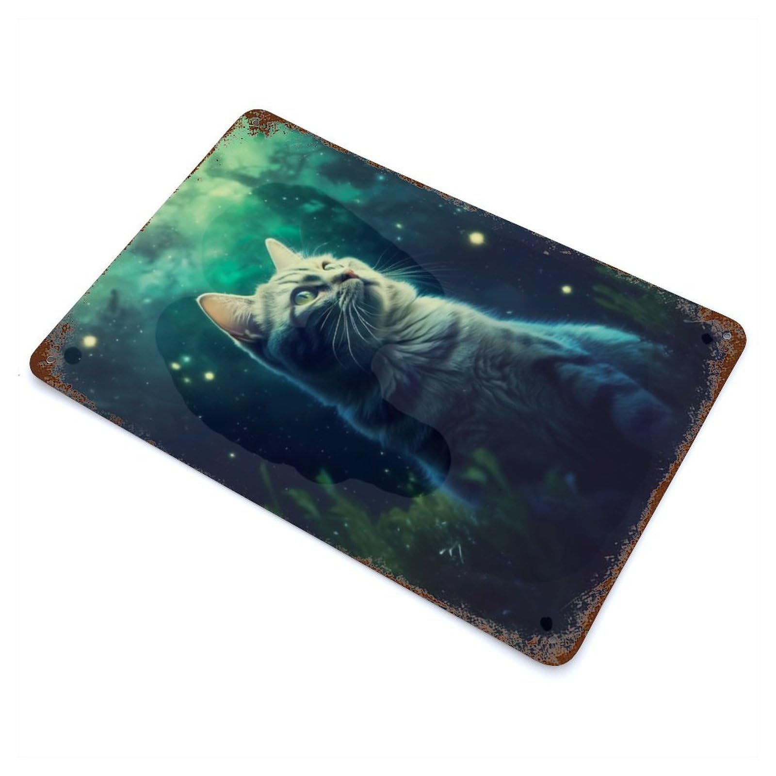 Cat Mystic Glowing Night 11.8"x7.9" Rust Effect Tin Sign, Rustic Home Decor for Office, Studio And Wall Decor