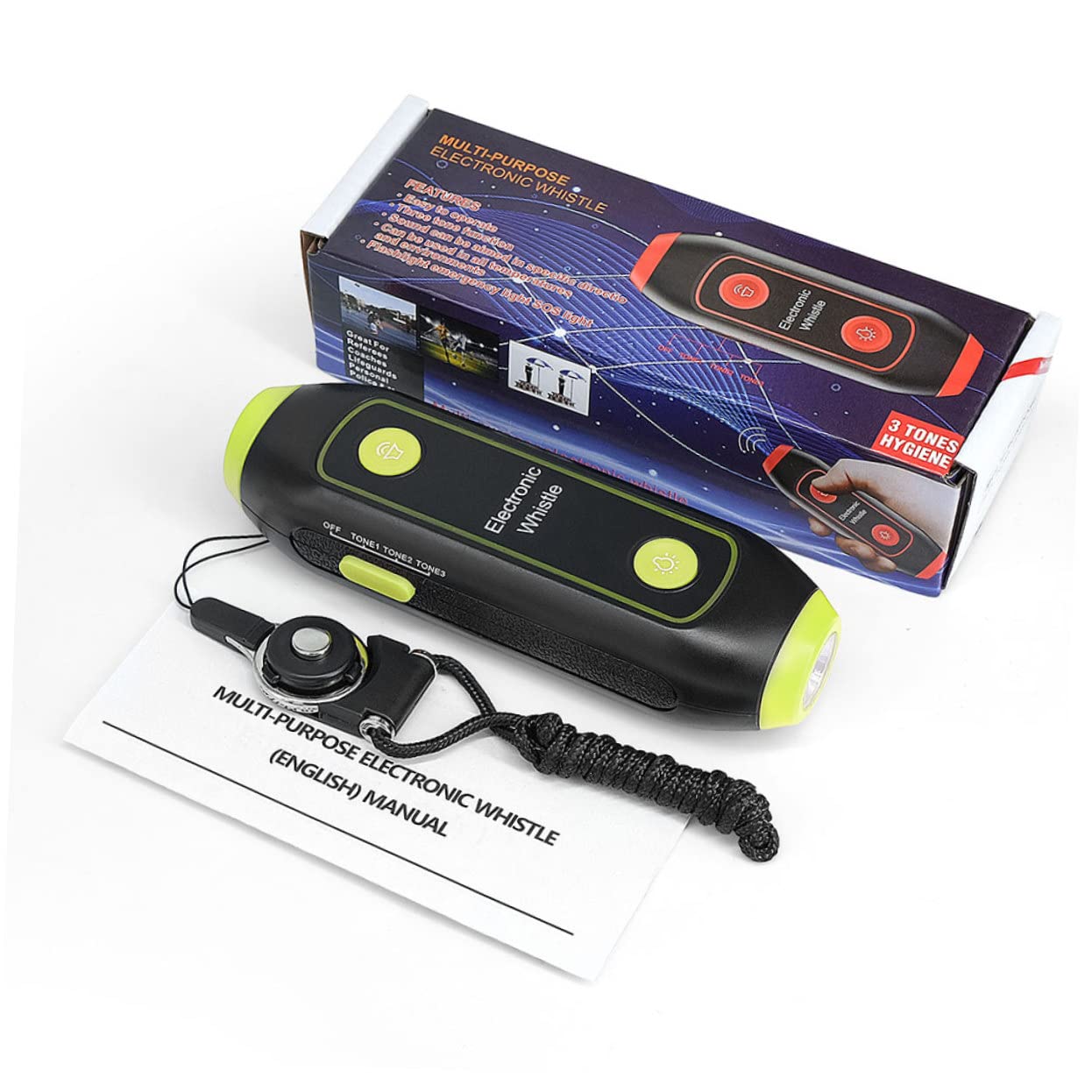 Fischietto Elettronico Verde con Torcia LED e Laccetto | Abs con Componenti Elettronici e Magnete, per Guide Traffico ed Emergenze, Accessorio Incluso