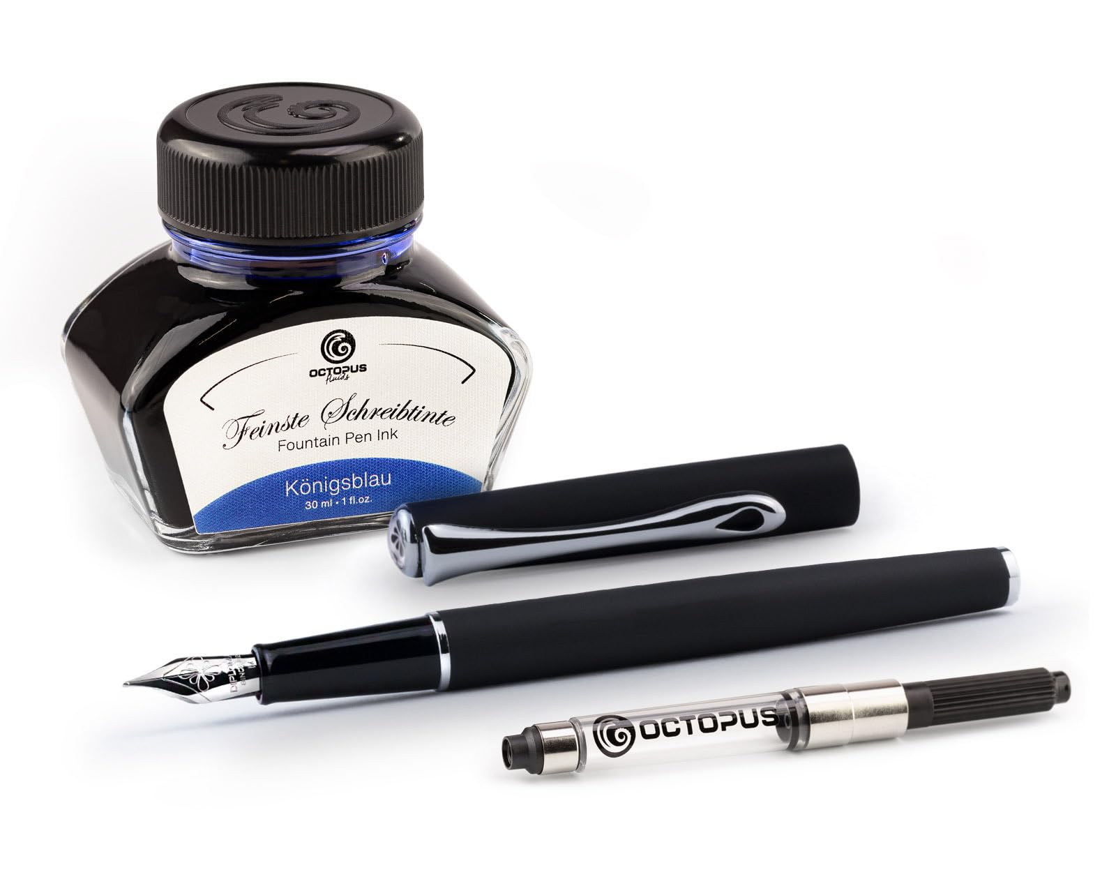 Diplomat Traveller Füllhalter-Set Schwarz matt, Tinte und Konverter | Metallfüllhalter mit Edelstahlfeder M, 30 ml Octopus Tinte Königsblau und Tintenkonverter