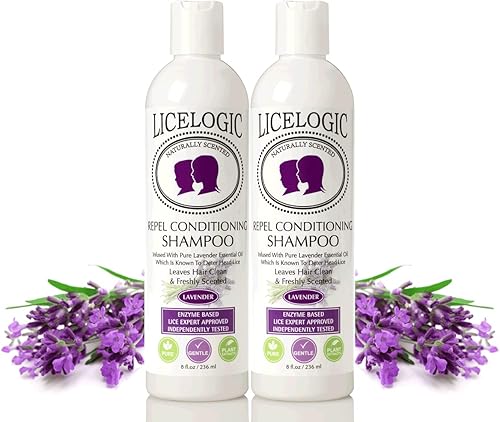 LiceLogic Champú para prevención de piojos, 8 onzas, lavanda, paquete de 2 eficaz contra los piojos, mata huevos y liendres, previene y repele