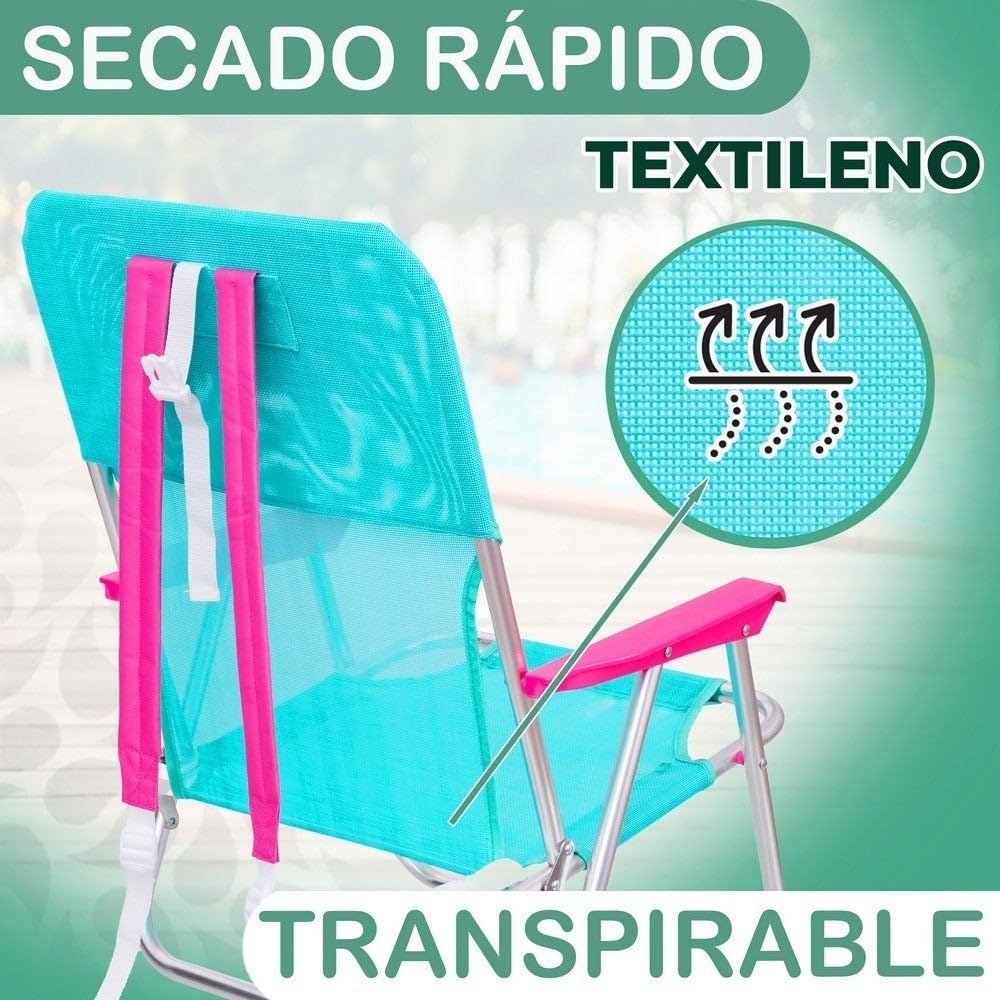 LOLAhome Silla Playa Camping Mochila Junior, Plegable de Aluminio y textileno Aguamarina, Silla Fija de 55x40x71 cm, con cojín Cervical Rosa, Correas Acolchadas y Ajustables