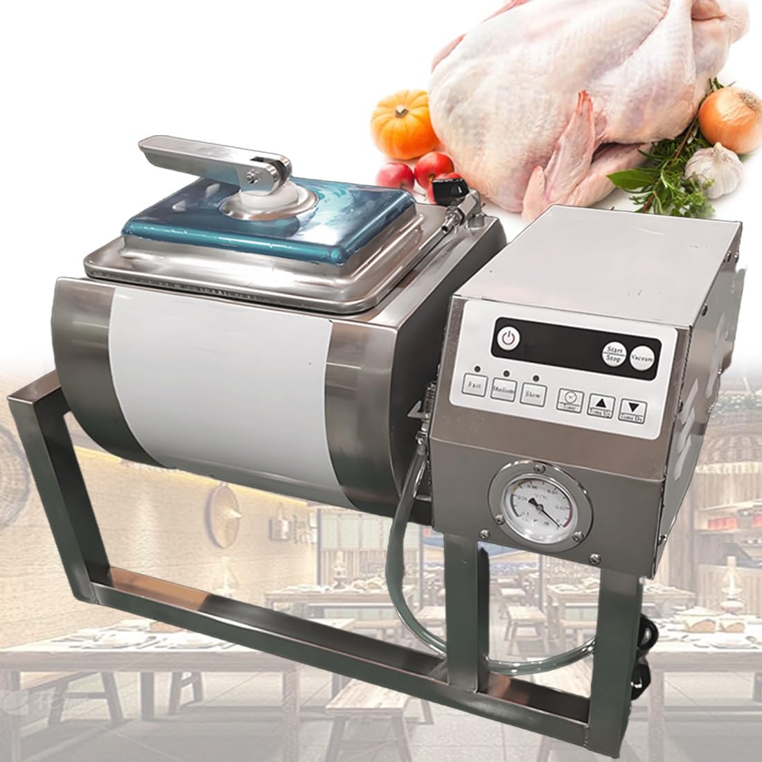 QianCruxtacy Commercial Meat Tumbler Marinator,Vacuum Vegetable Tumbler,Stainless Steel Meat Curing Tumbling Machine,Bidirectional Rotation & 3 Speeds,for Jerky,Sausage,Bacon,Chicken,Pork,Steak