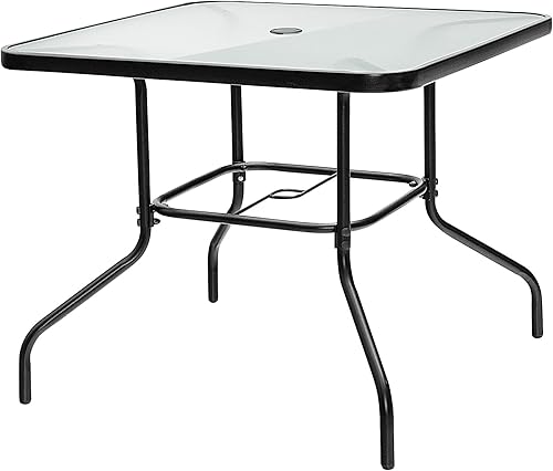 Tangkula Mesa de comedor de patio de 35 pulgadas mesa de comedor cuadrada para exteriores con agujero para sombrilla de 165 pulgadas mesa de vidrio
