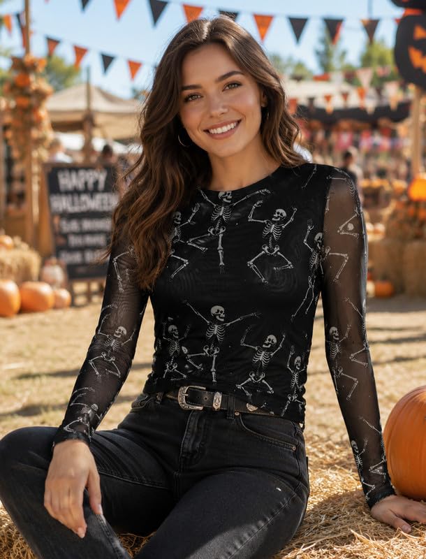 Image of Halloween Shirt Women Spooky Season See Through Mesh Long Sleeve Top