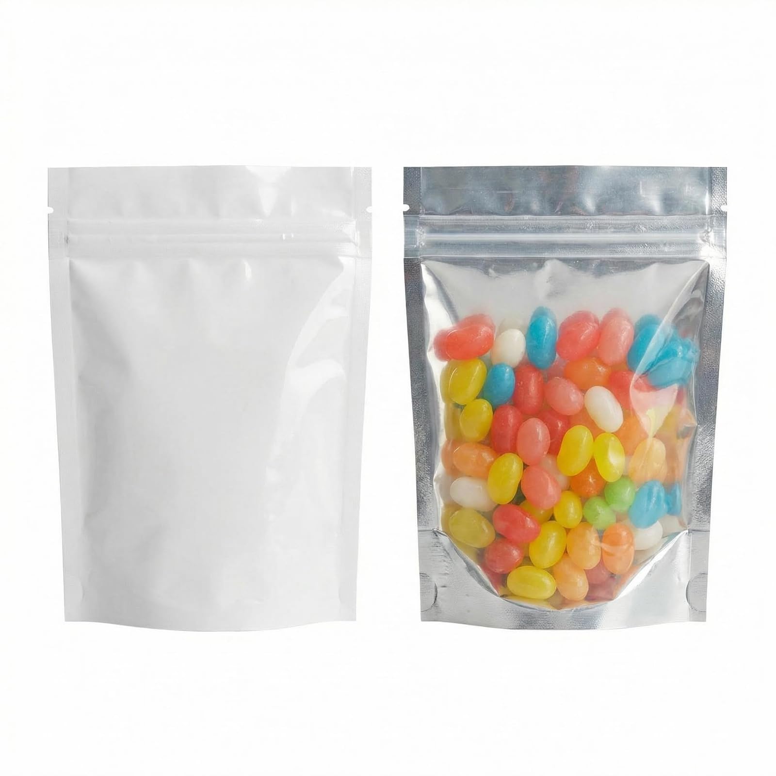 100 Pcs Reclosable 10.2x12.7cm/4x5inch Clear Colorful Mylar Foil Flat Ziplock Bag Sample Pouch Heat Sealable Aluminum Foil Bags Food Storage Coffee Candy Foil Grip Seal Wrap (White)