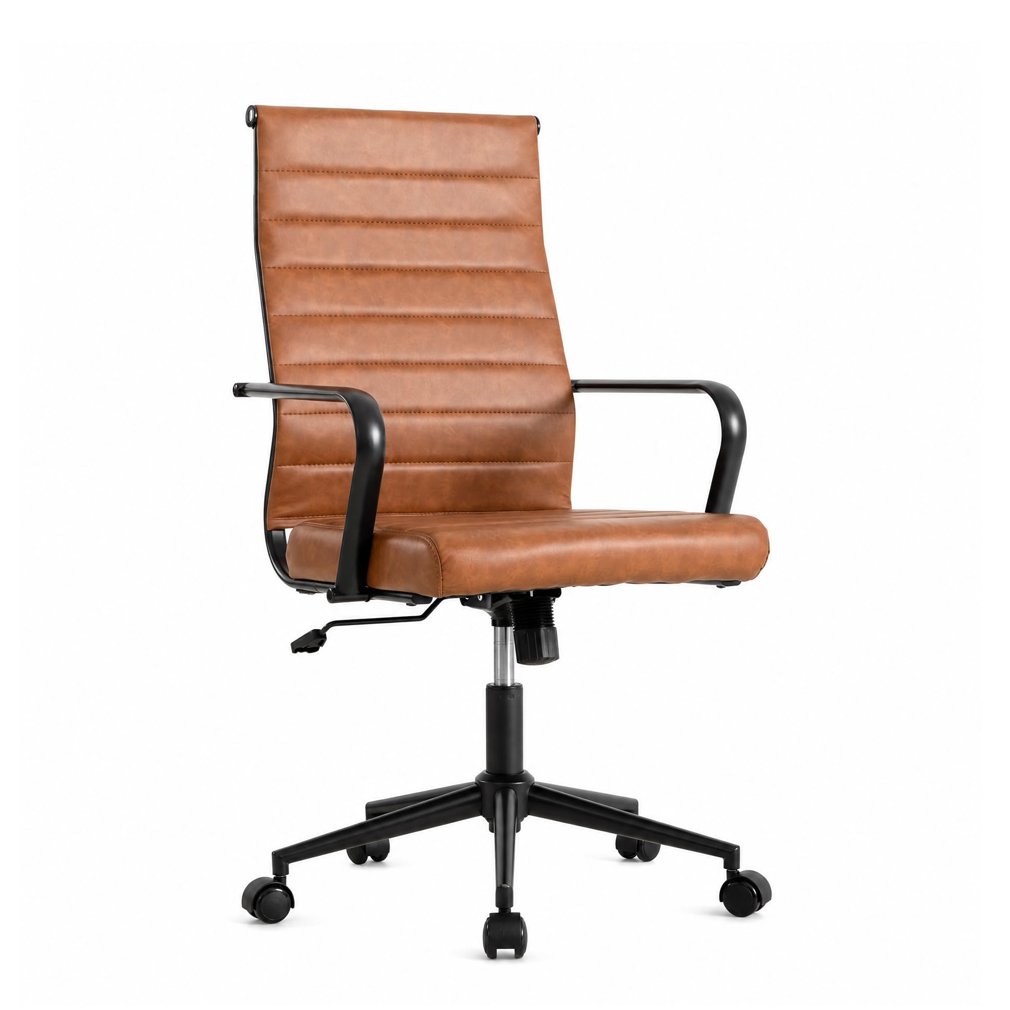 Okeysen Leather Office Desk Chair, Mid-Century Modern Leather Conference Room Chairs, Ergonomic Executive Ribbed Height Adjustable Swivel Rolling Chair for Home Office. : Office Products