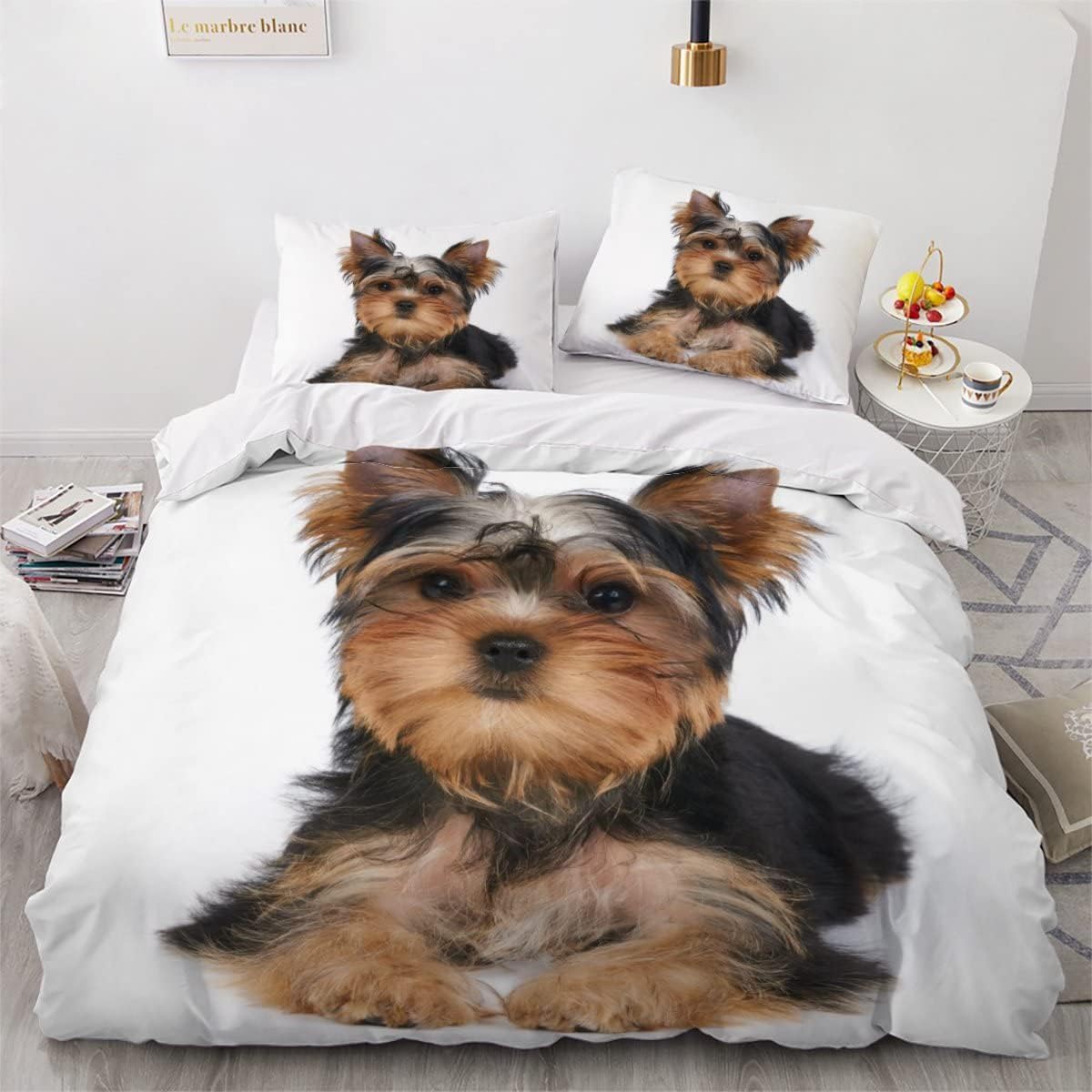 MEVASA Yorkshire Terrier Bedding Set - Microfiber Teen Bedding, 3D Animal Dog White, 3Pcs Anti Allergic Double Duvet Cover Set with Zipper /200x200