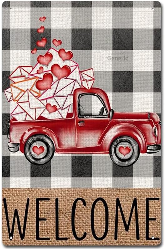 Cartel de hojalata para el día de San Valentín, diseño de camión rojo de bienvenida, casa de campo, rústico, de temporada, decoración para el hogar,