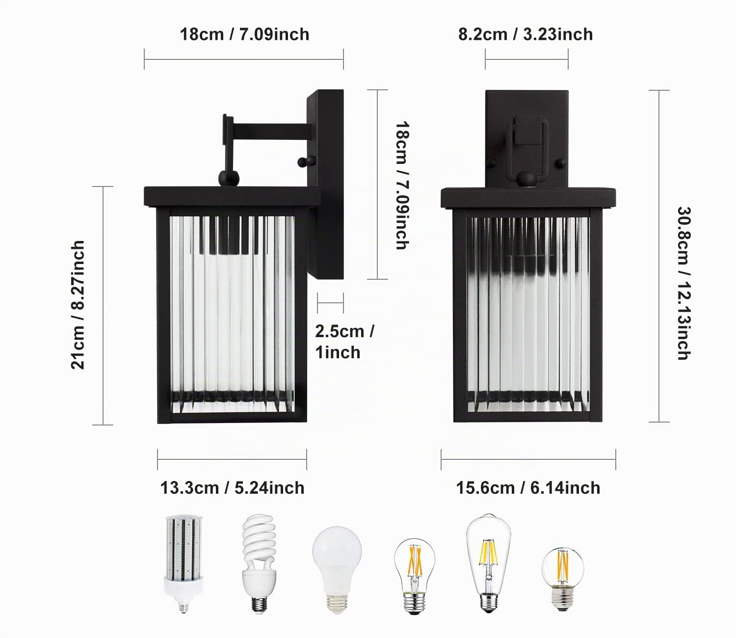 DAWALIGHT Lanterna da Parete Vetro Rigato Applique Lampada Attacco E27 per Balconi Corridoi Terrazzo Ingresso, Metallo con Rivestimento Antiruggine, Nero (Lampadine non Incluse)