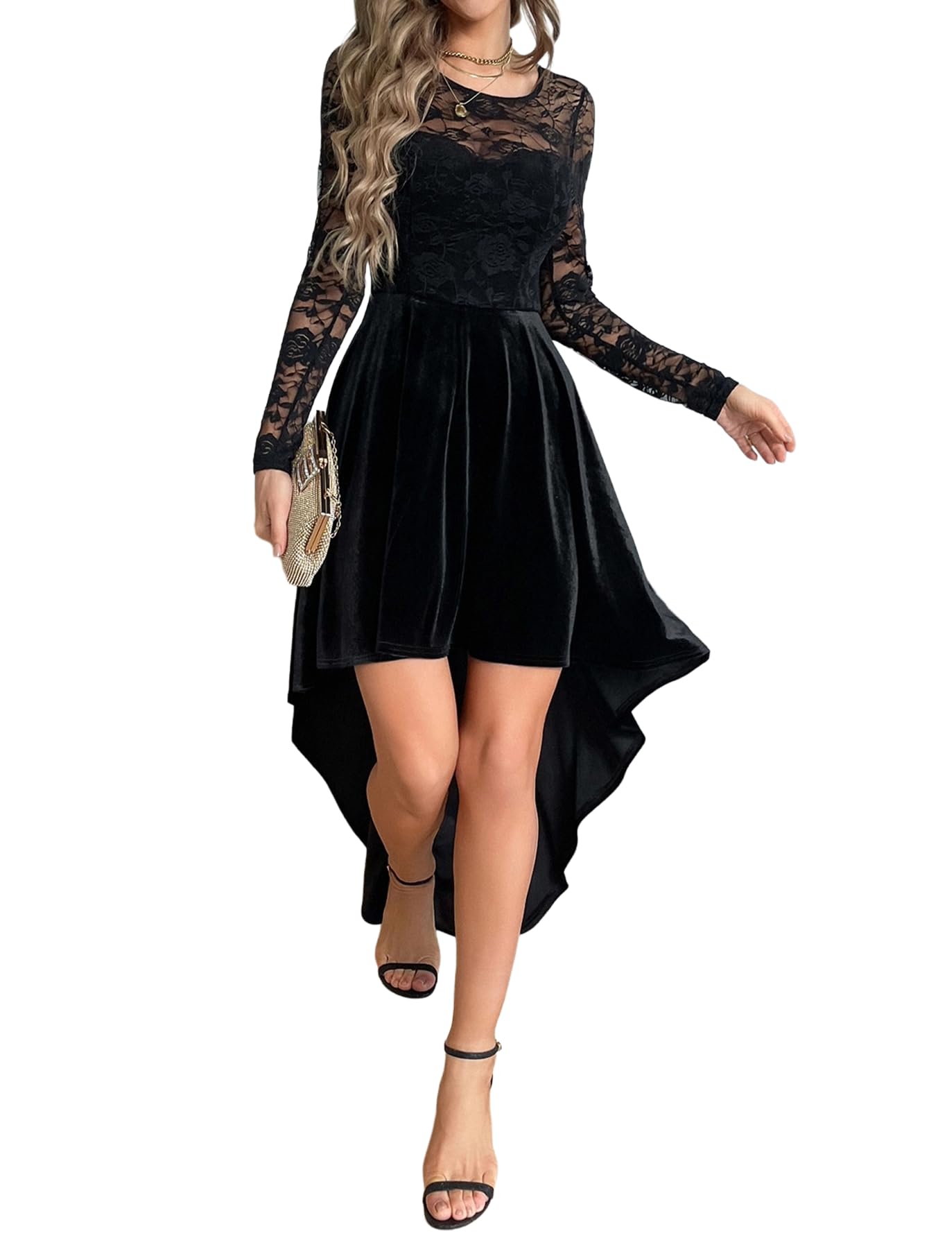 GothDark Womens Black Cocktail Dress Lace Velvet Round Neck Long Sleeve High Low Gothic Elegant Party Winter Wedding