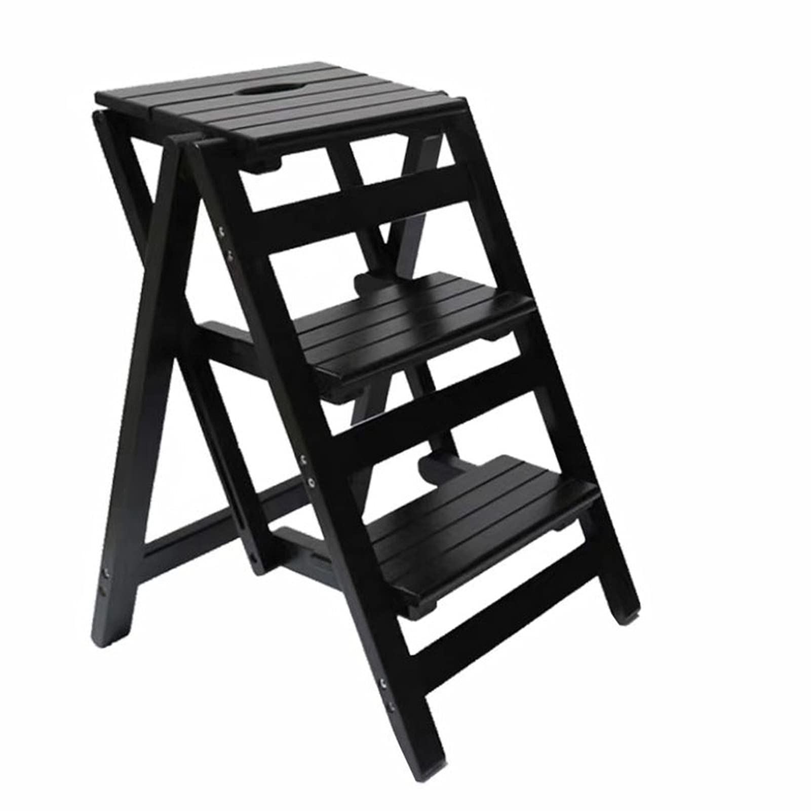 Hardwood Step Stool Adults Step Stool, 3 Household Multifunctional Ladders Chair Folding Wooden Library P (Black)