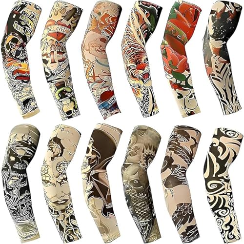 YARIEW Tattoo Sleeves for Men, 12Pcs Fake Tattoos Sleeves to Cover Arms Cooling Sun Protection Tribes Skulls Patterns