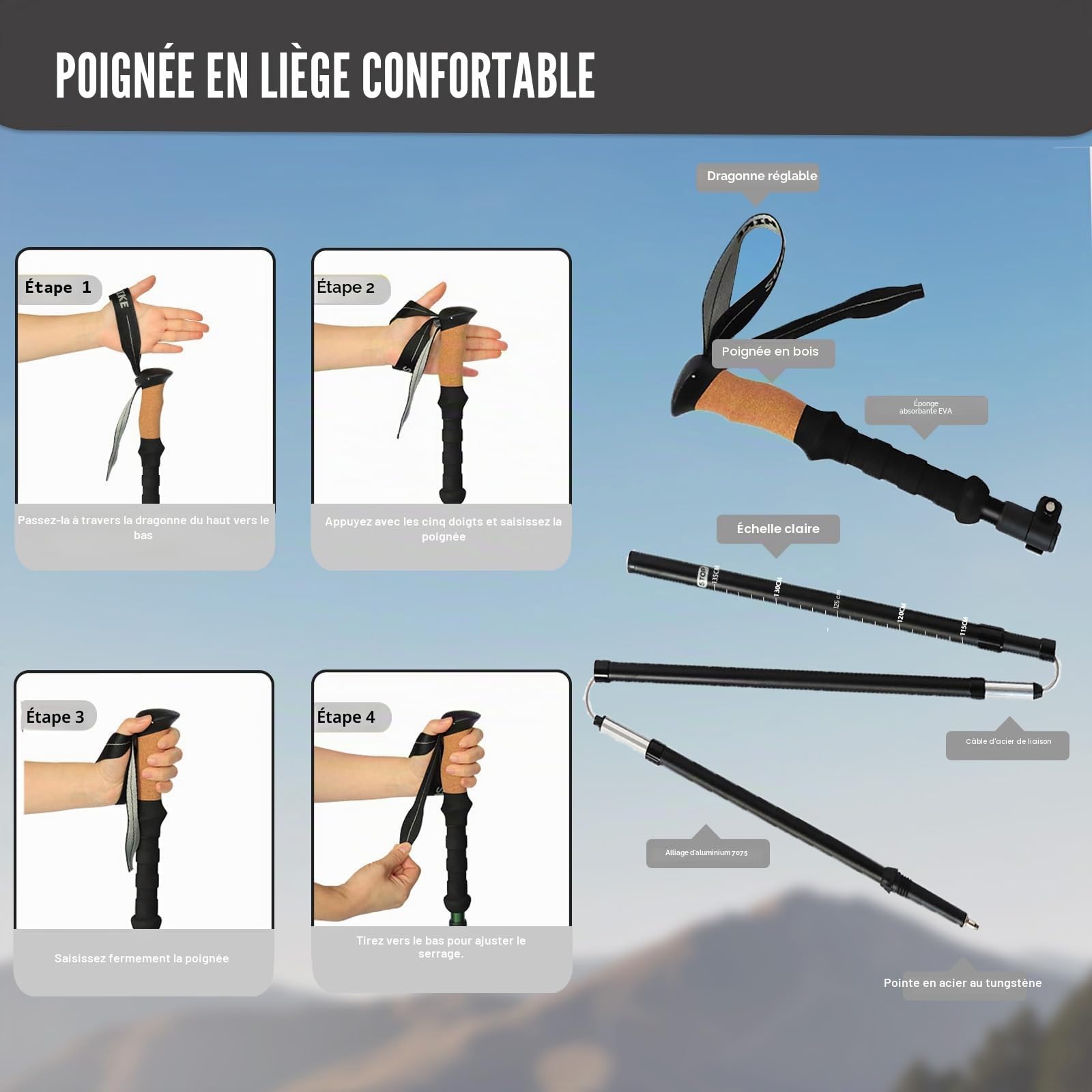 HUINING Bâtons de randonnée avec poignée en liège, pliables, télescopiques, bâtons de marche nordique pour homme et femme, bâtons de trekking, ultra légers en aluminium avec de nombreux accessoires