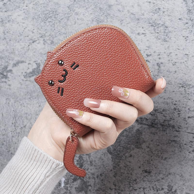 2Pcs Black and Caramel Compact Chic Genuine Leather Cat Design Wallet Secure Zipper Polyester Lined Coin Purse and Sleek Card Holder4