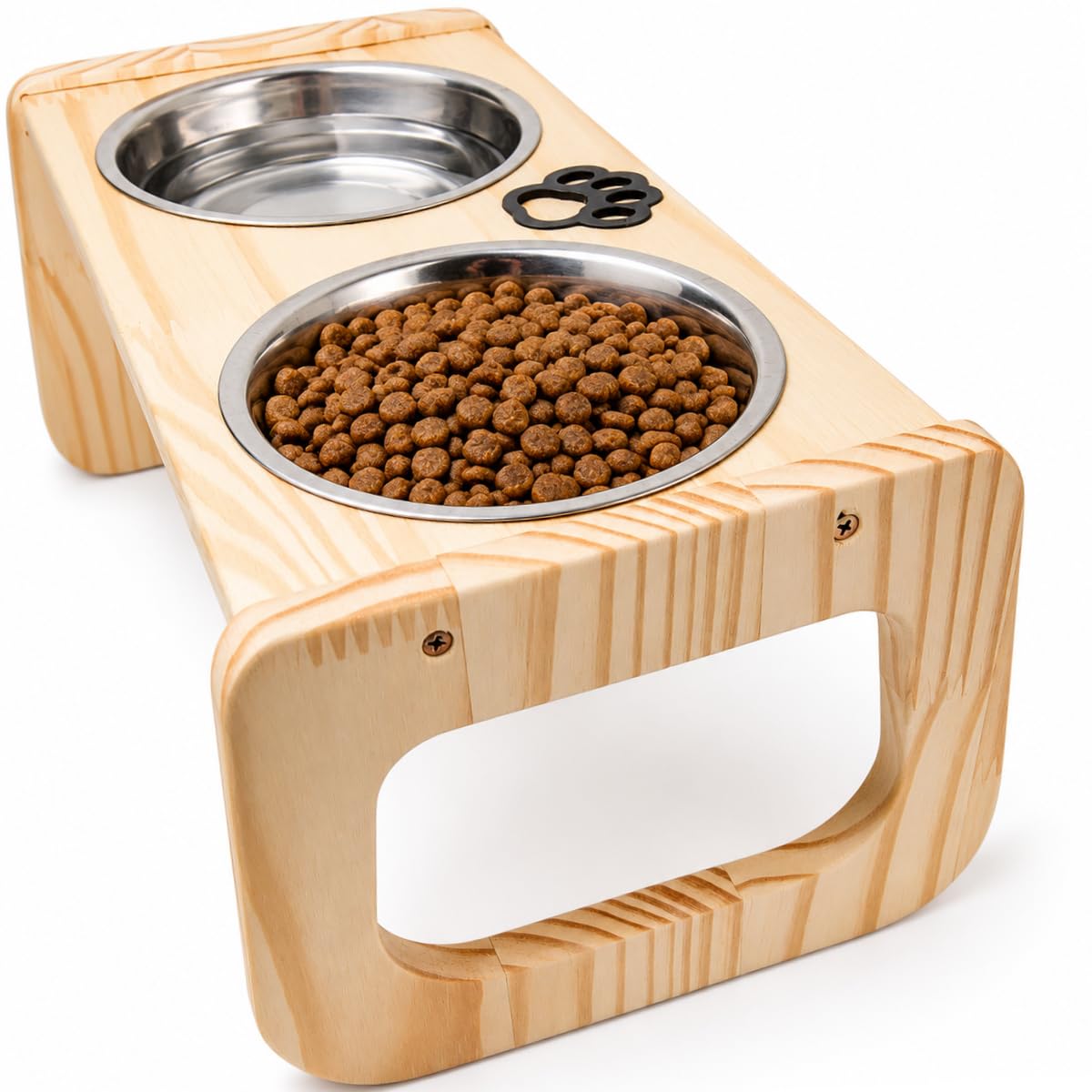 Comedouro Elevado de Madeira Pinus para Cães Médios | Tigelas Inox 700 ml, Removíveis |