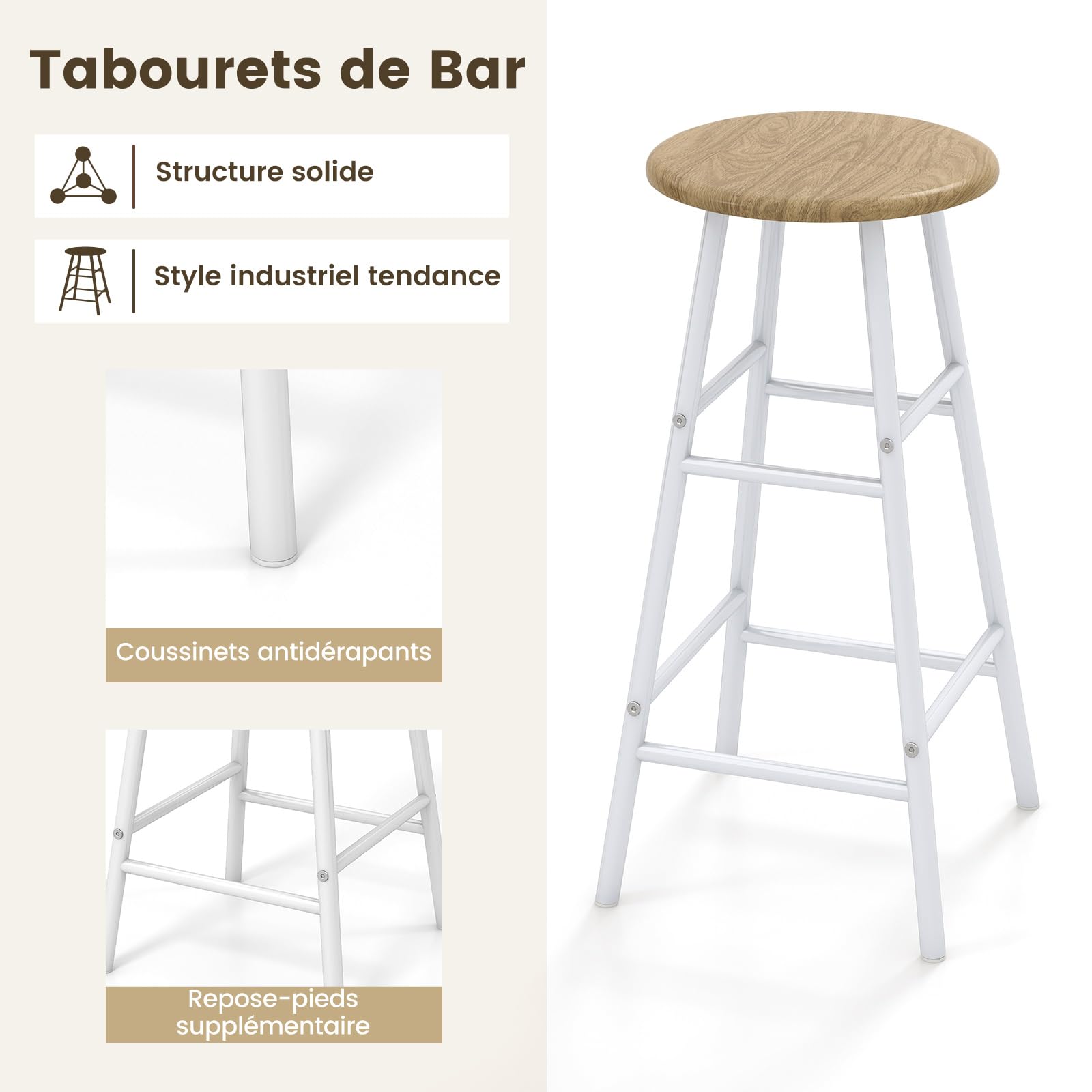 COSTWAY Table Haute Cuisine avec Tabouret, Mange Debout Industriel avec Porte-Verre Porte-Bouteilles, Table Bar avec Tabouret 2 Personnes Compact pour Cuisine Salle à Manger Salon Bistro