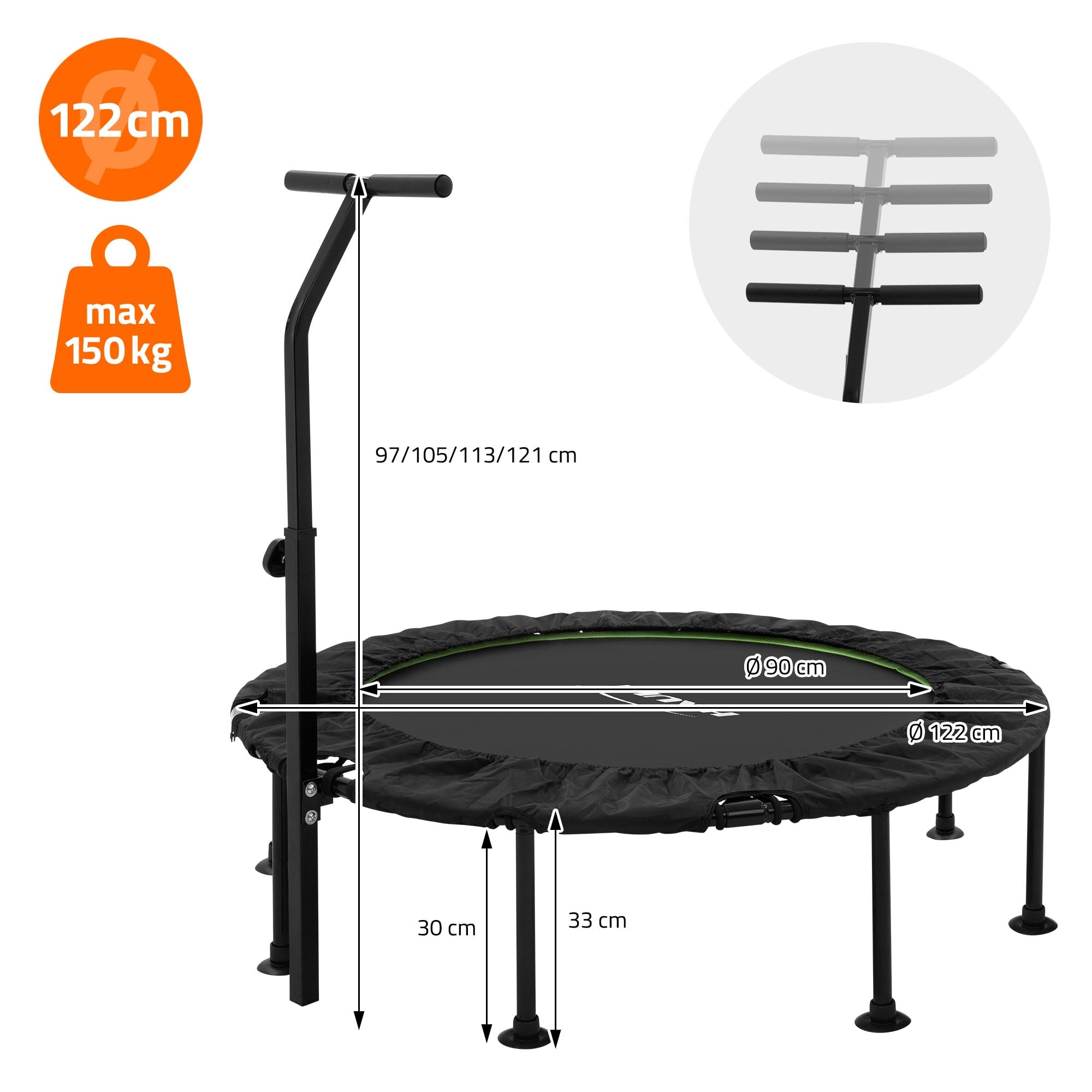 Hauki Trampolino Fitness Indoor con Maniglia Ø102cm/Ø122cm, Regolabile in Altezza, Capacita 150 kg Tappeto Elastico Silenzioso per Adulti, Mini Trampolino con Bungee, Rebounder per Esercizi a Scelta