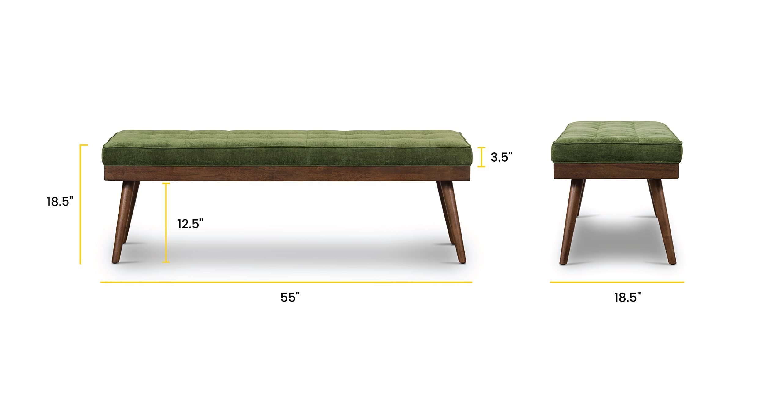 Poly & BARK Luca Fabric Bench – Tufted Upholstered Entryway or Bedroom Bench with Solid Wood Frame – Mid Century Inspired Seating in Fabric Green for Hallway, Living Room or End of Bed Use