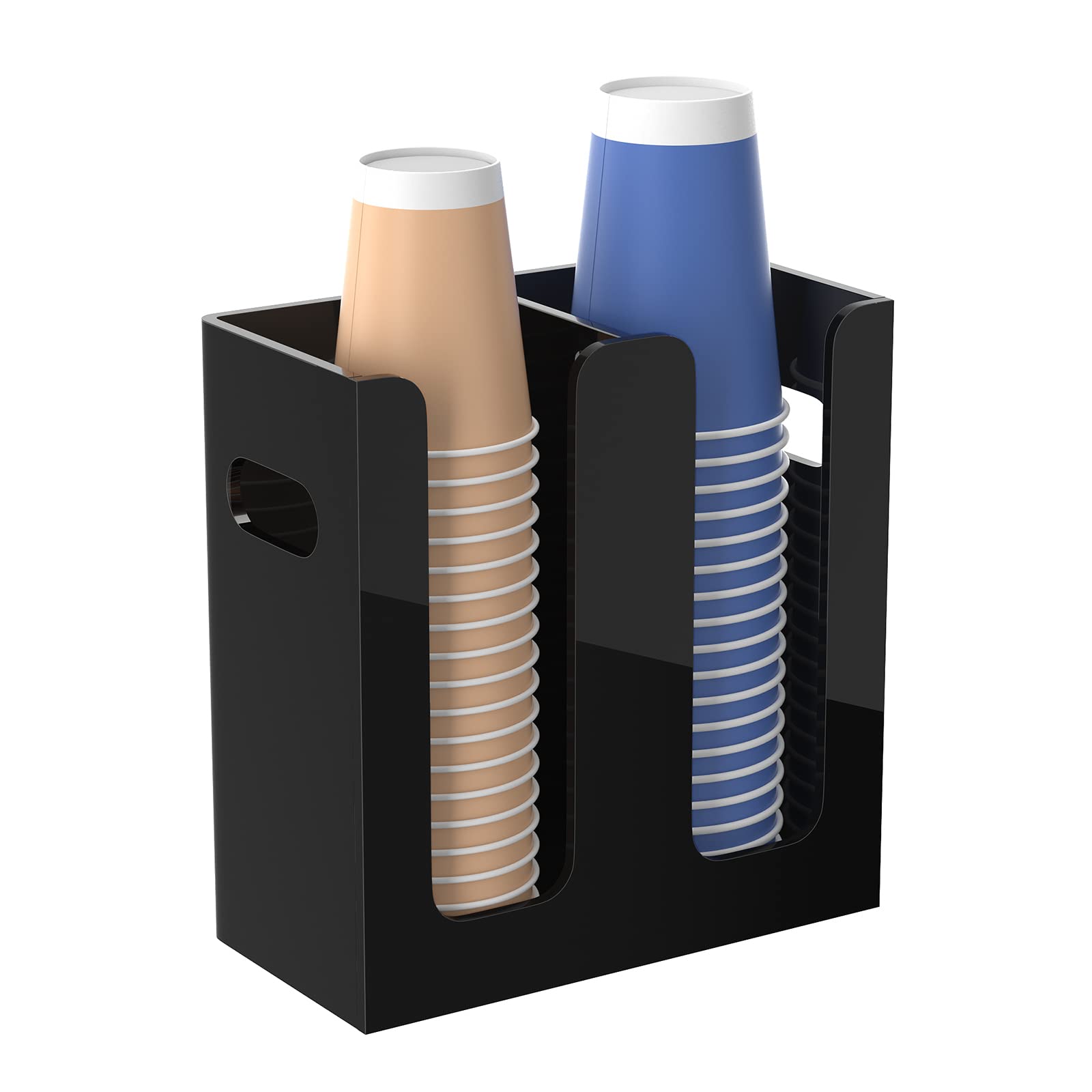 BOSSCASA Disposable Coffee Cup Dispenser with Handles, Countertop or Wall Mount Hot/Cold Drink Cup and Lid Holder - Bathroom/Kitchen/Office Acrylic Cup Lid Storage Organizer (2 Compartments, Black)