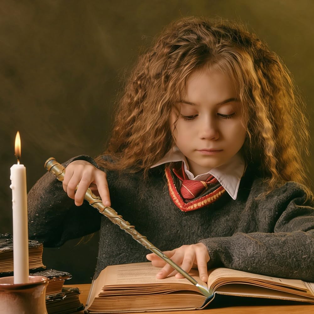 Baguette Hermione Granger, 37CM Baguette Hermione avec Noyau Acier, Réplique De Baguettes en Résine, USBBaguette Harry Boîte Cadeau vec Carte de Sort, Ticket de Station et Collier