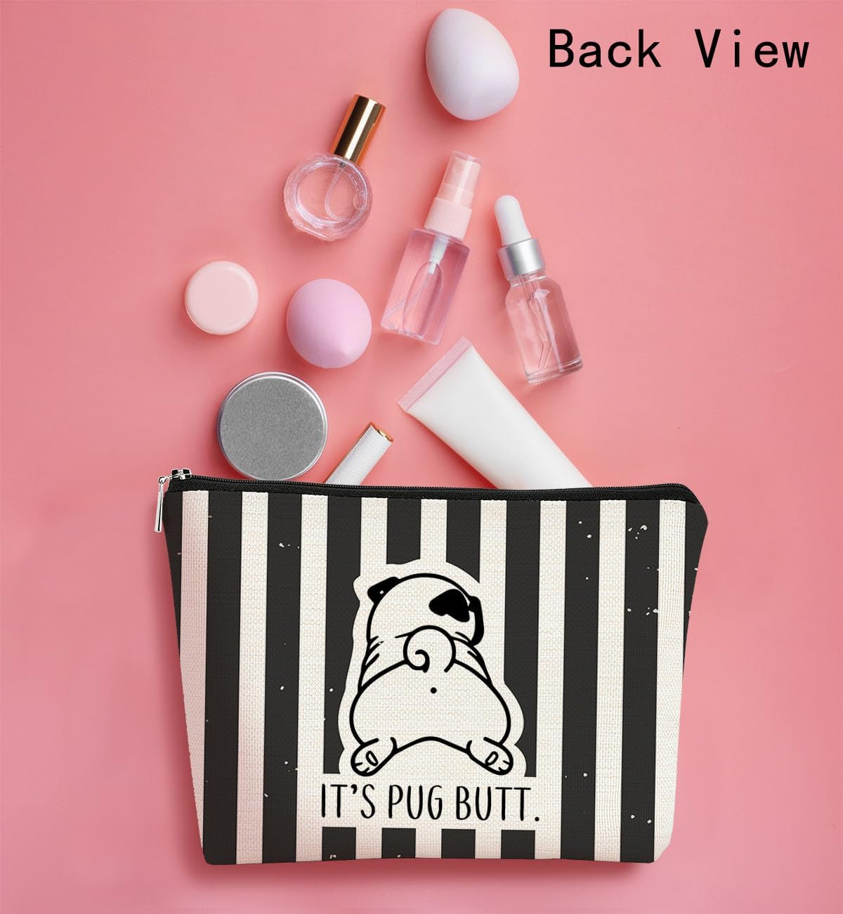 Pug Gifts for Lovers - Small Makeup Bag, Cosmetic Organizer for Women, Funny 'Guess What It's Pug Butt' Travel Bag, Birthday Gift for Mom Dad Girls (Black and White Striped A) image 4